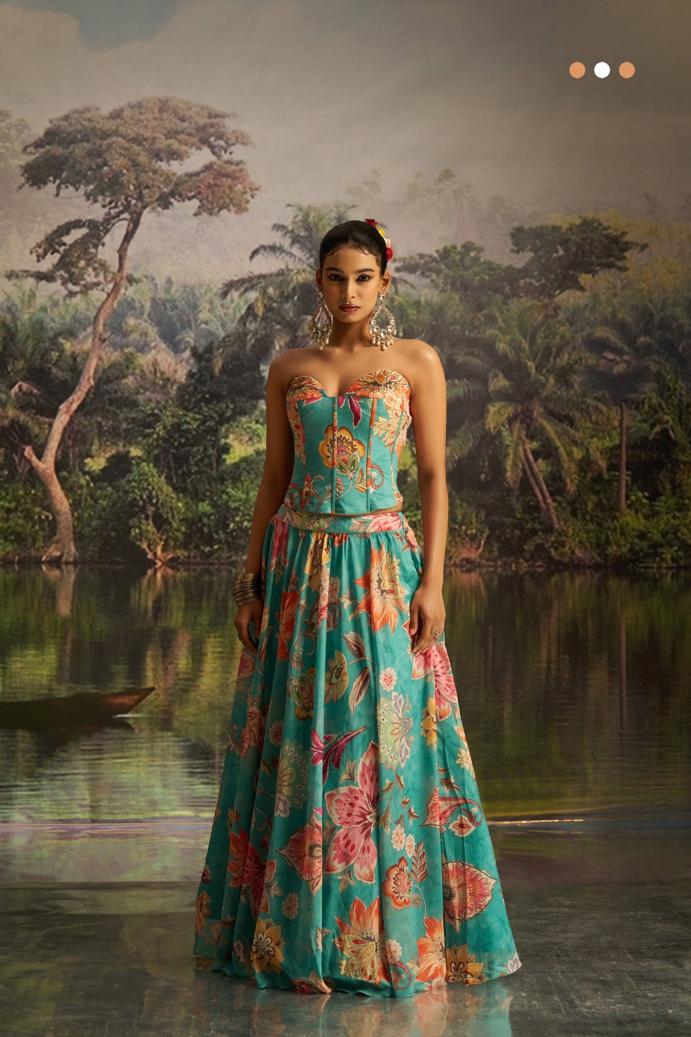 Mint Blue Floral Georgette Lehenga Set With Handwork And Corset Blouse