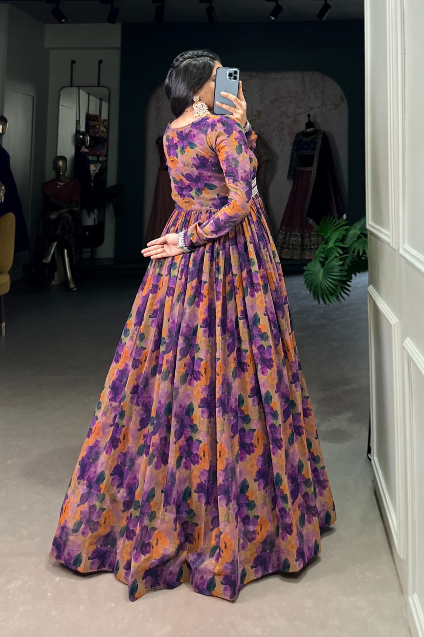 Georgette Floral Printed Purple Anarkali Gown