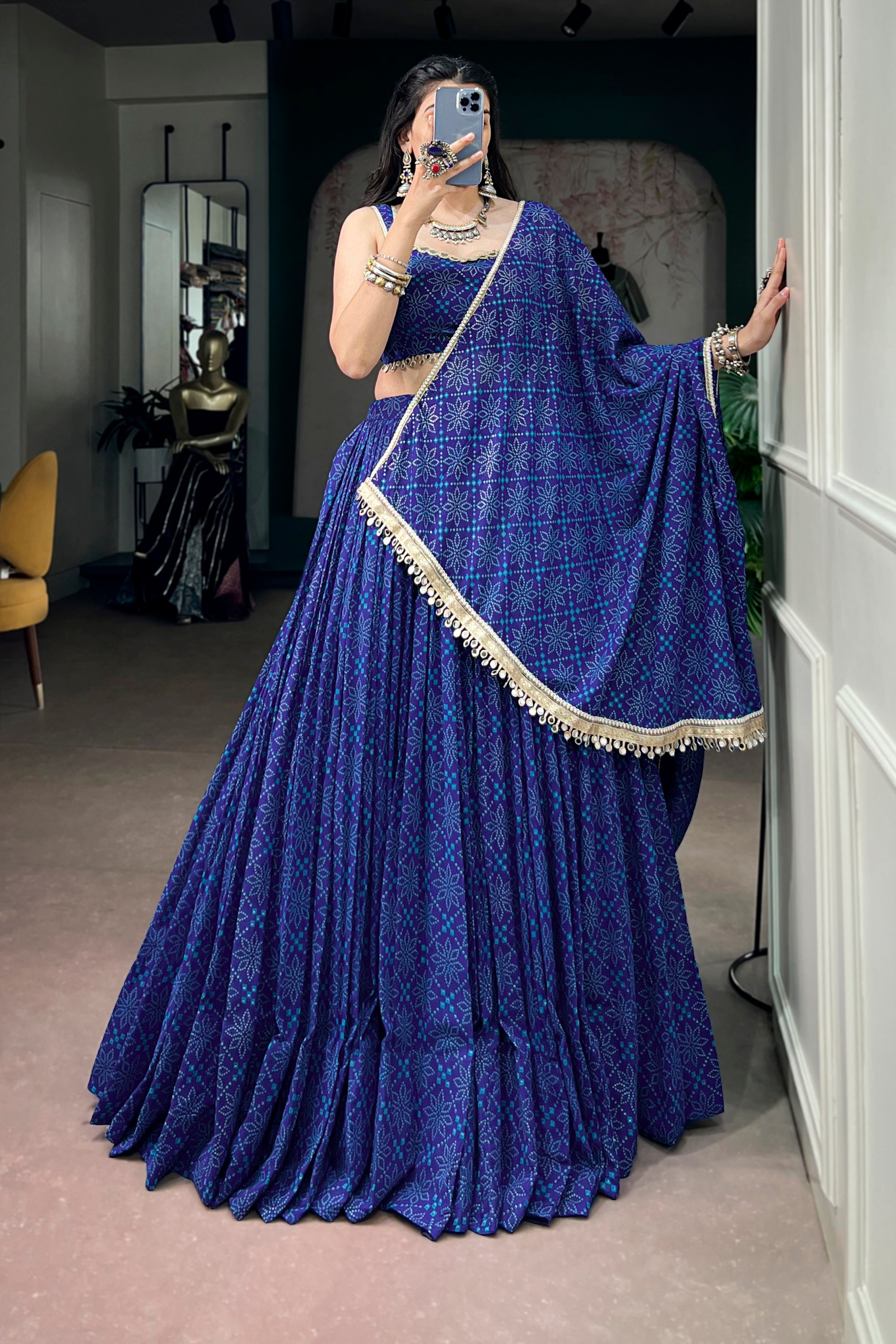 Royal Blue Navratri Special Georgette Bandhej Foil Print Lehenga Choli With Mirror Lace Border