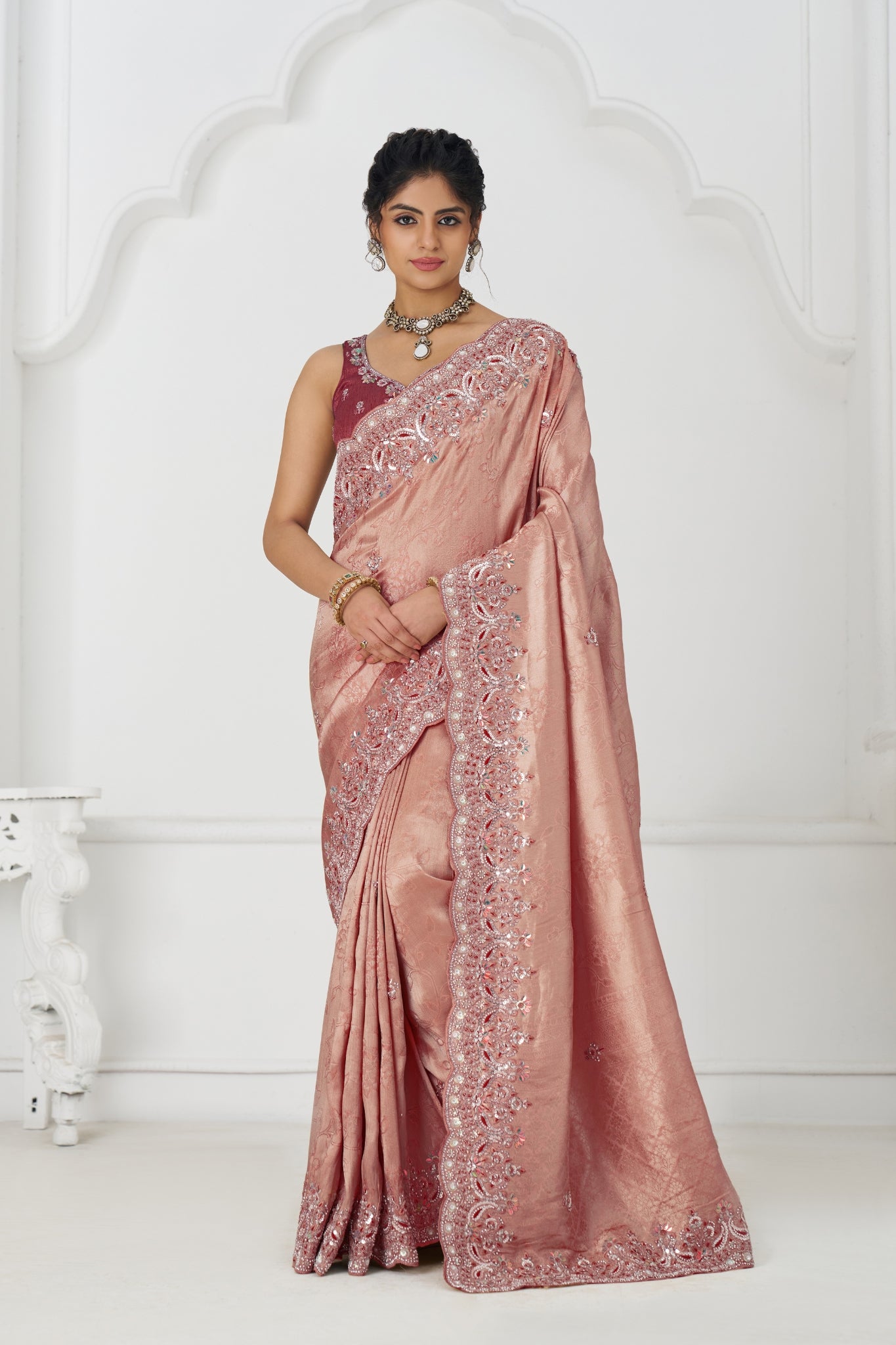 Pink Dola Viscose Silk Saree For Wedding With Beads Embroidery & Sequins Work