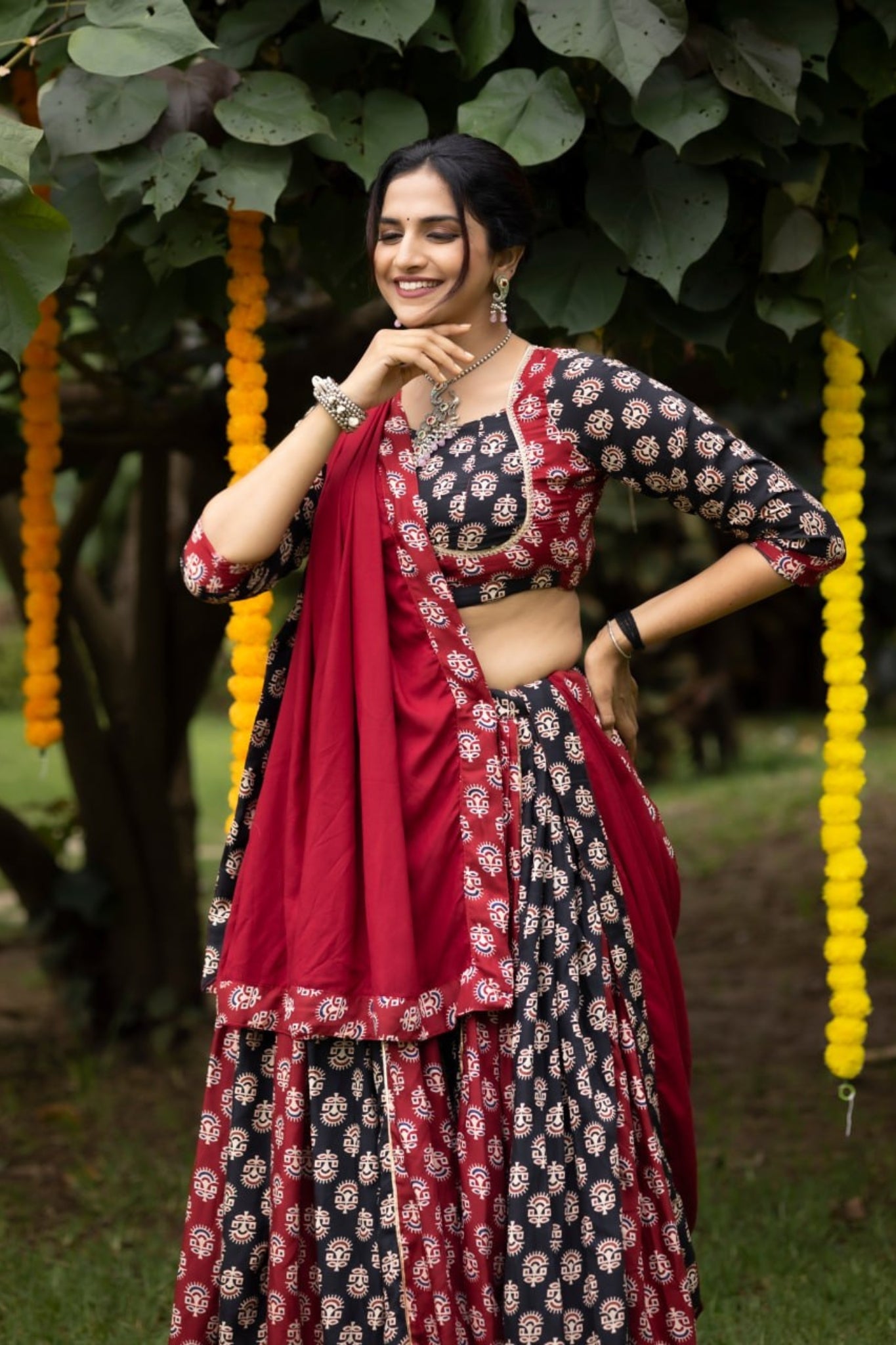 RaasRang Maroon Ajrakh Print Navratri Lehenga Choli For Women