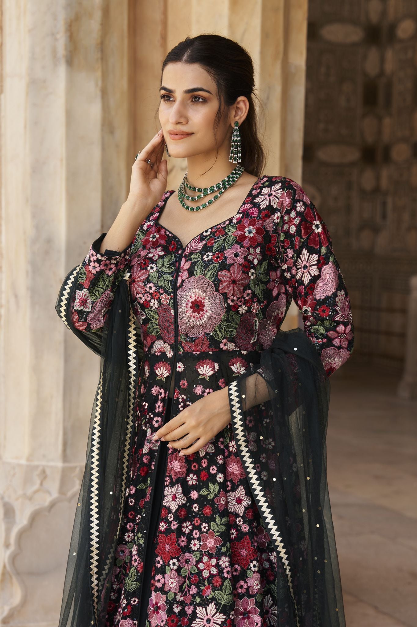 Black Indowestern Heavy  Resham Embroidered Anarkali And Lehenga Set