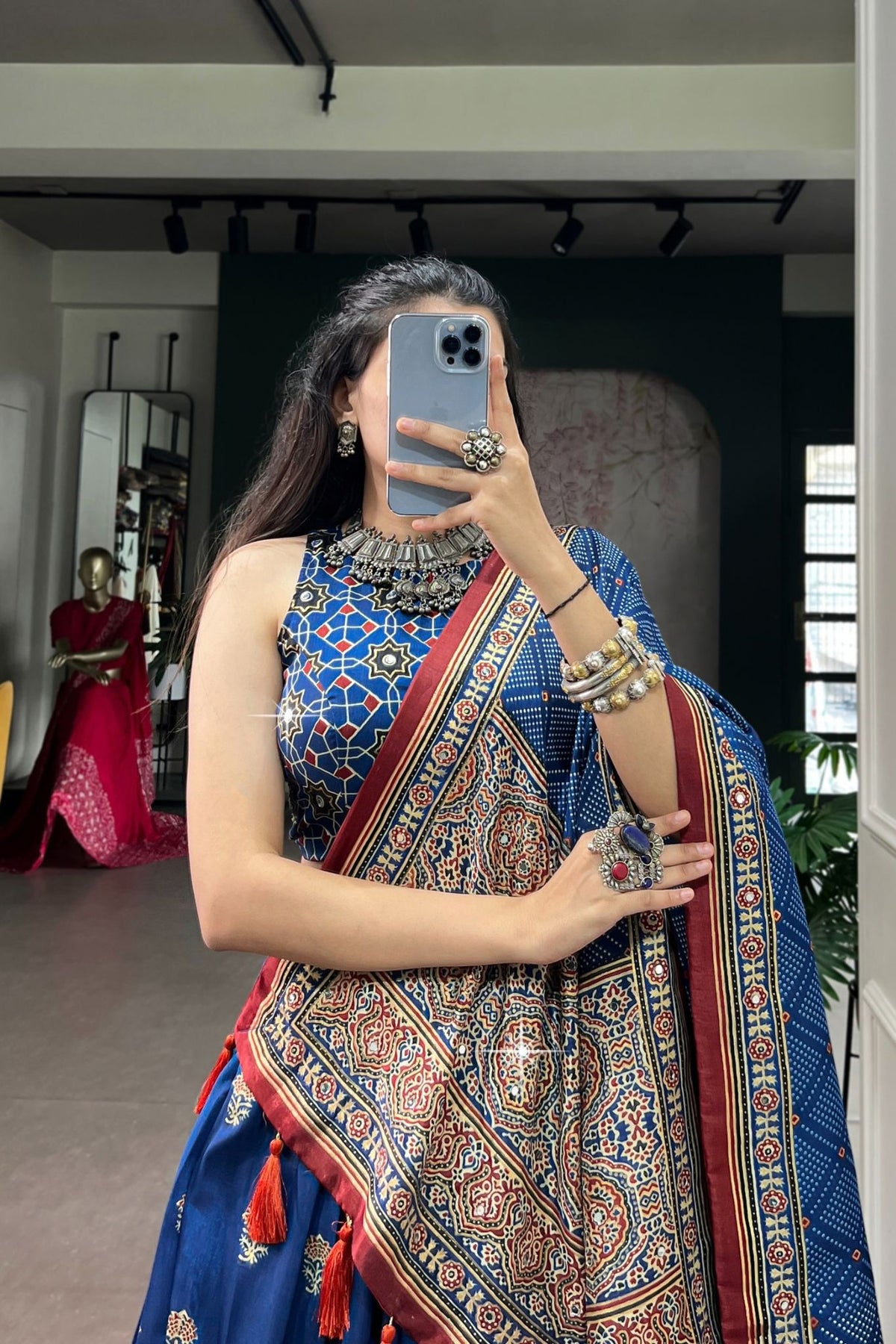 Designer Tasar Silk Ajrak Print Navratri Lehenga Choli