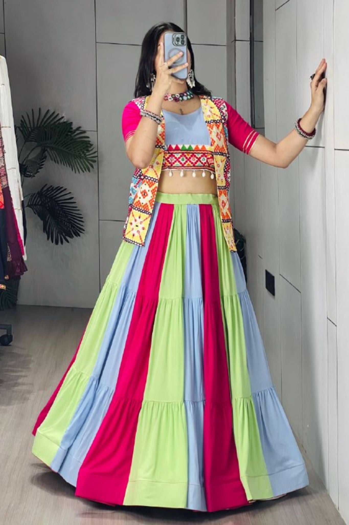Raasrang Multicolor Cotton Navratri Designer Lehenga Choli With Mirror Work Koti