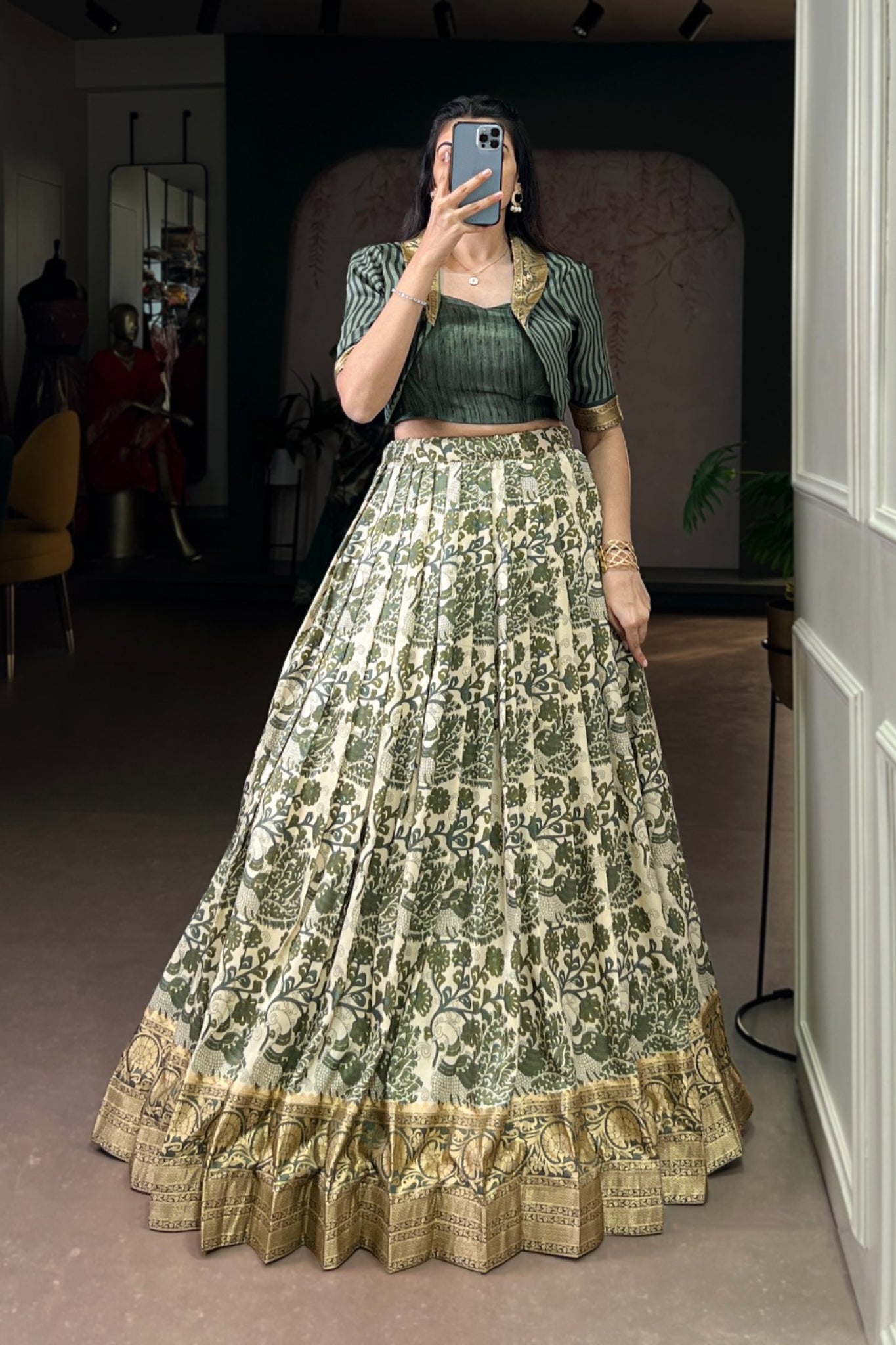 Handcrafted Tasar Silk Printed With Viscose Border Lehenga Choli