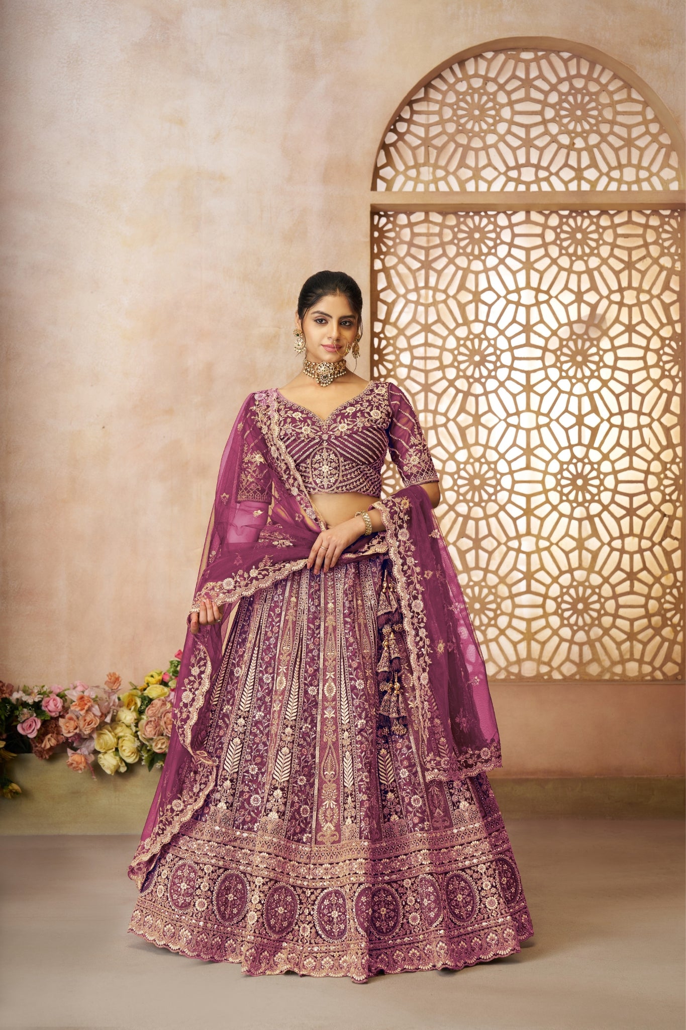 Stunning Designer Varying Embroidery With Tread Work Soft Net Wedding Lehenga Set