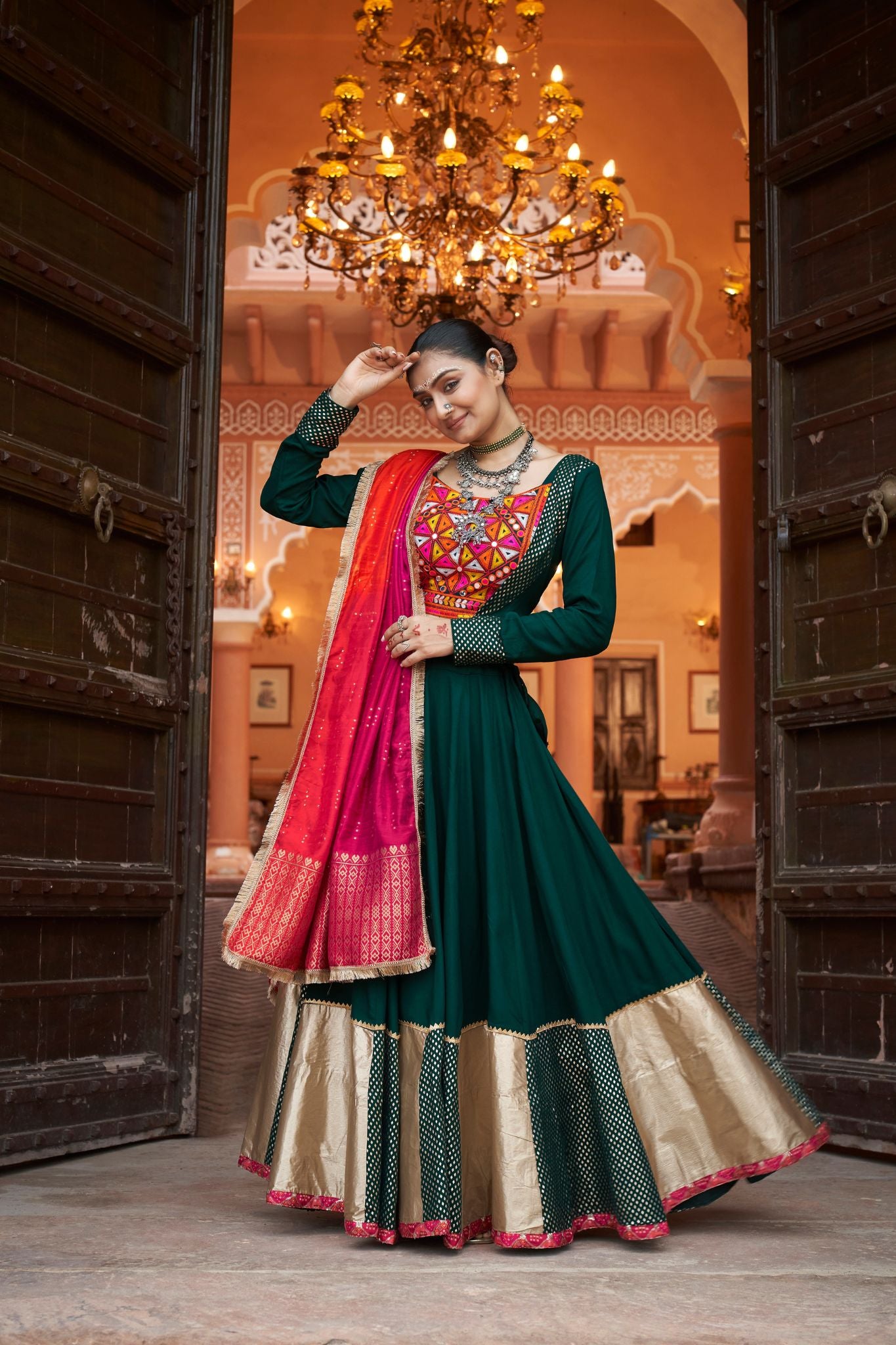 Green Viscose Rayon Designer Navratri Lehenga Choli