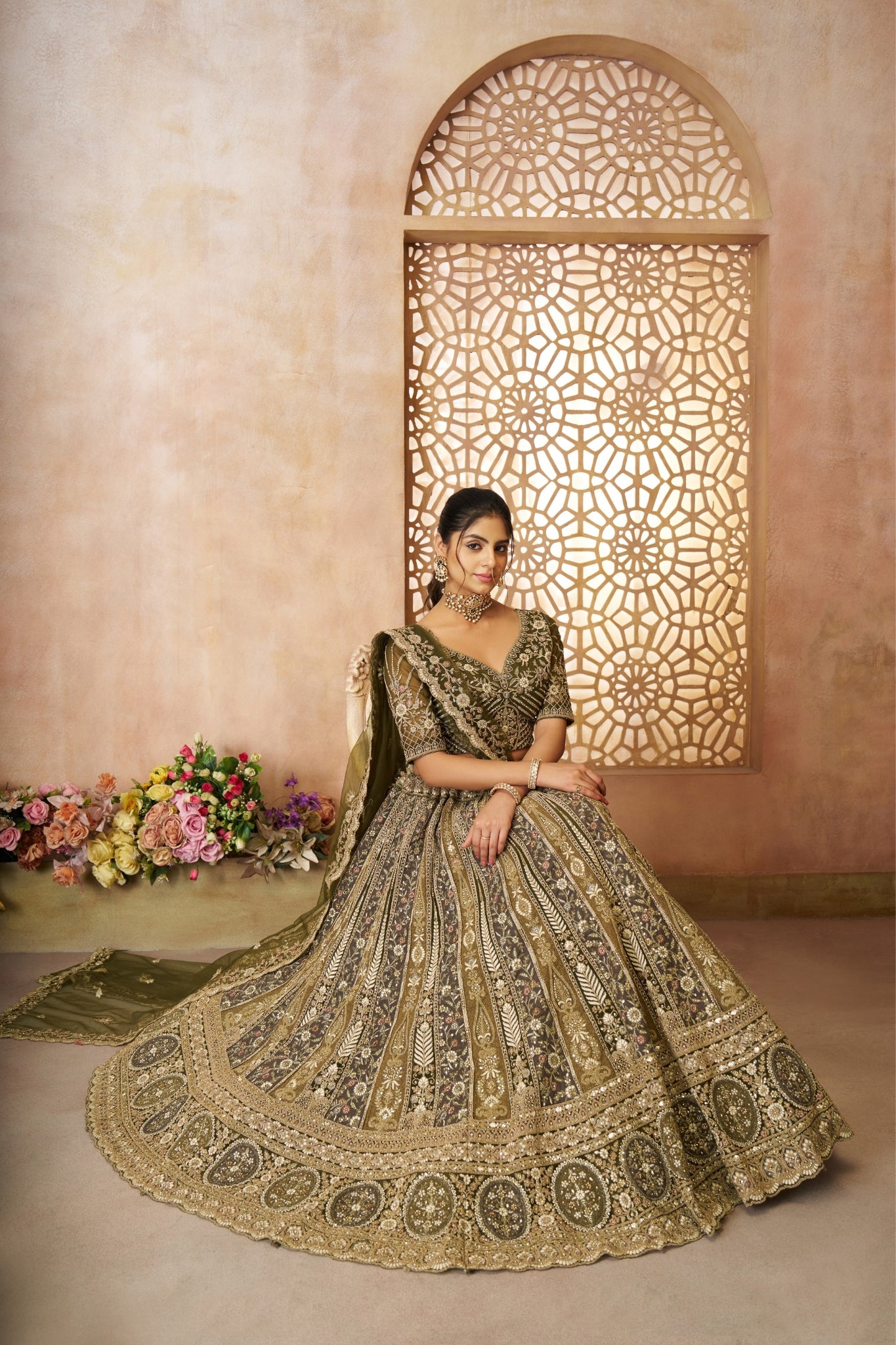 Stunning Designer Varying Embroidery With Tread Work Soft Net Wedding Lehenga Set