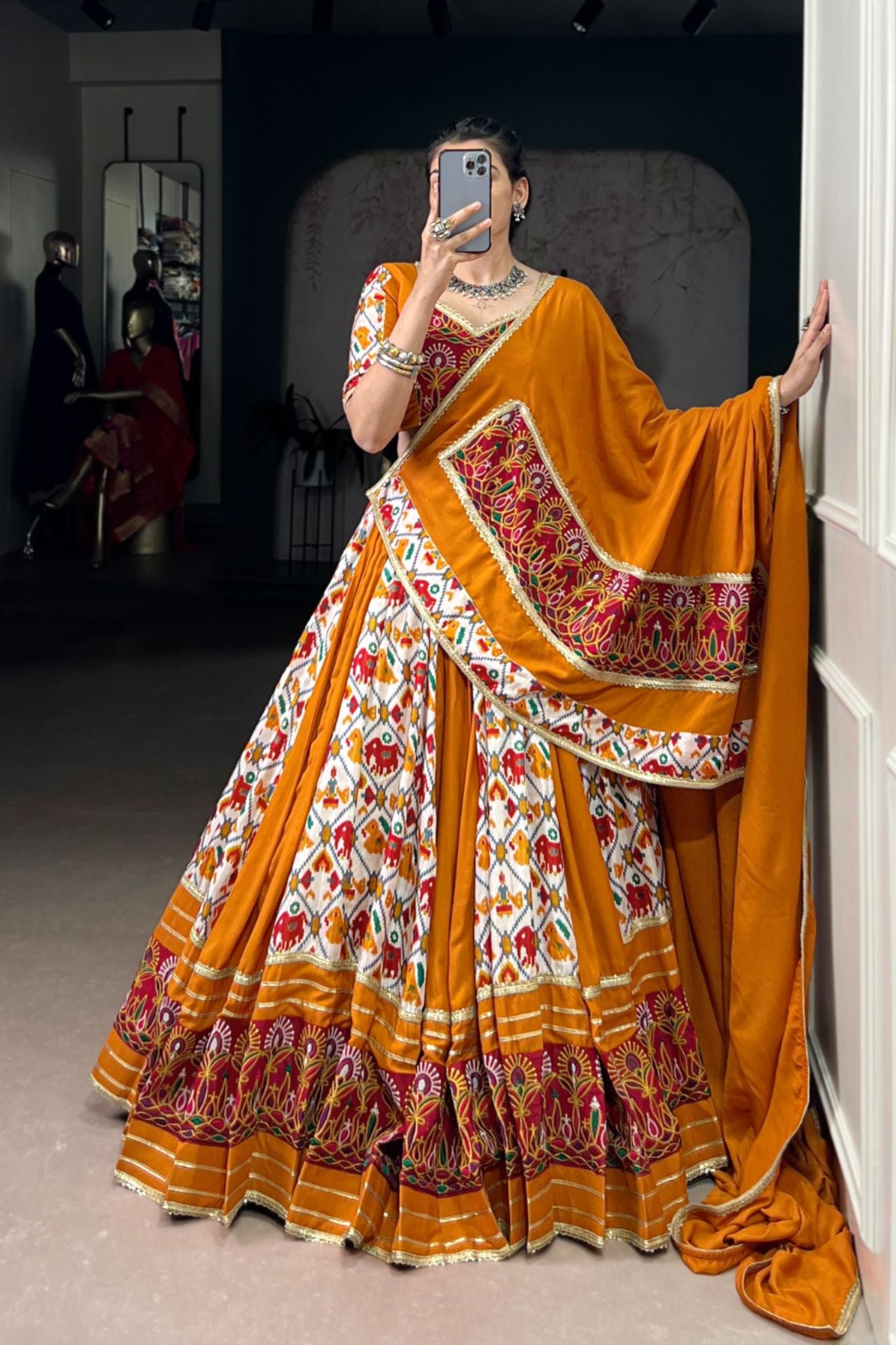 Mustard Rayon With Patola Print Silk Designer Gamthi Work Classic Lehenga Choli