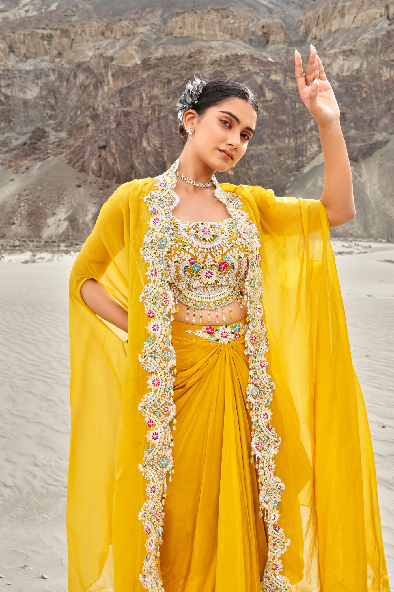 Yellow Dori Embroidered Croptop Skirt Set With Stylish Jacket