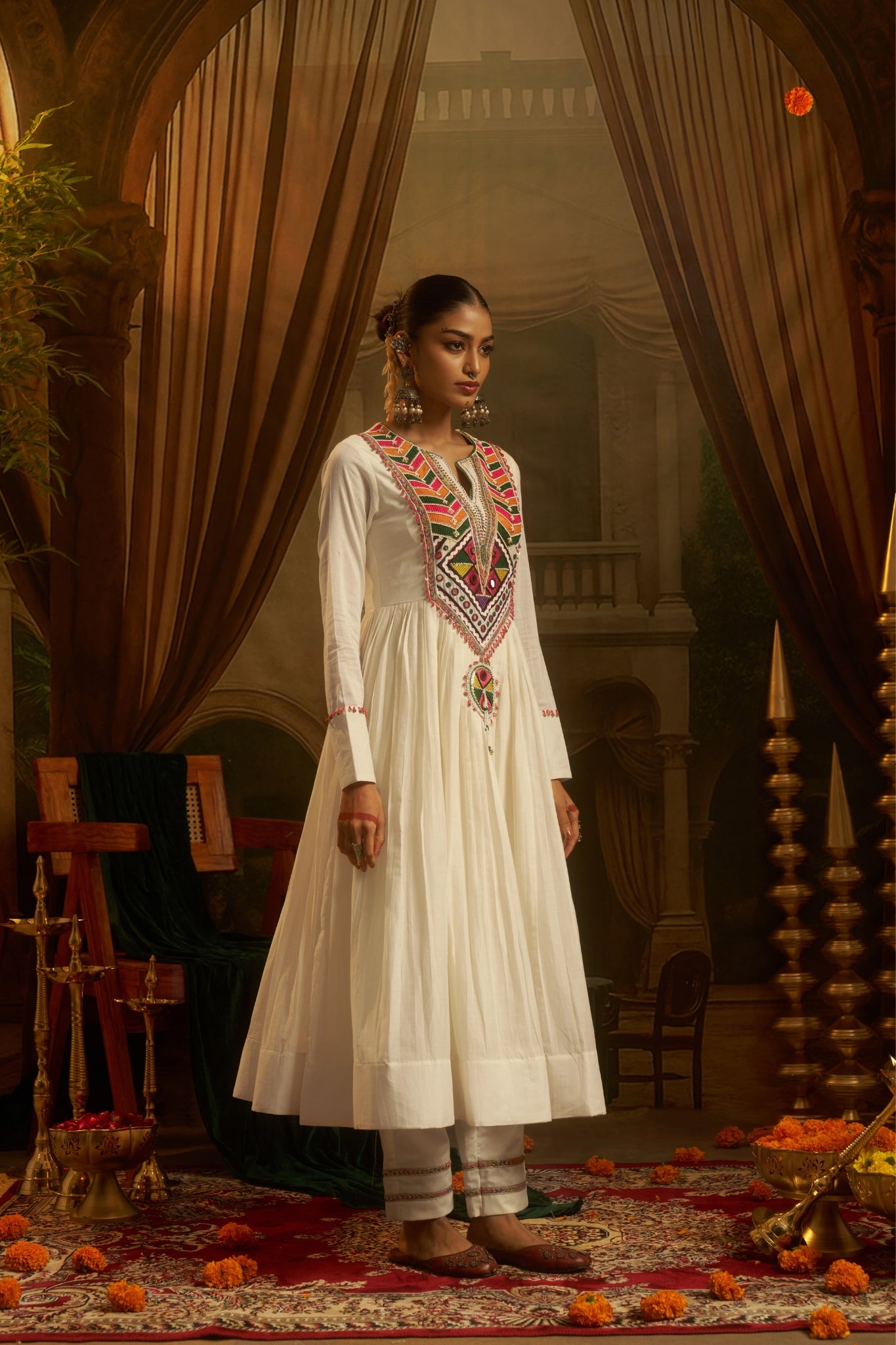 White Mul Cotton Hand embroidered Mirror Work Anarkali Set For Women