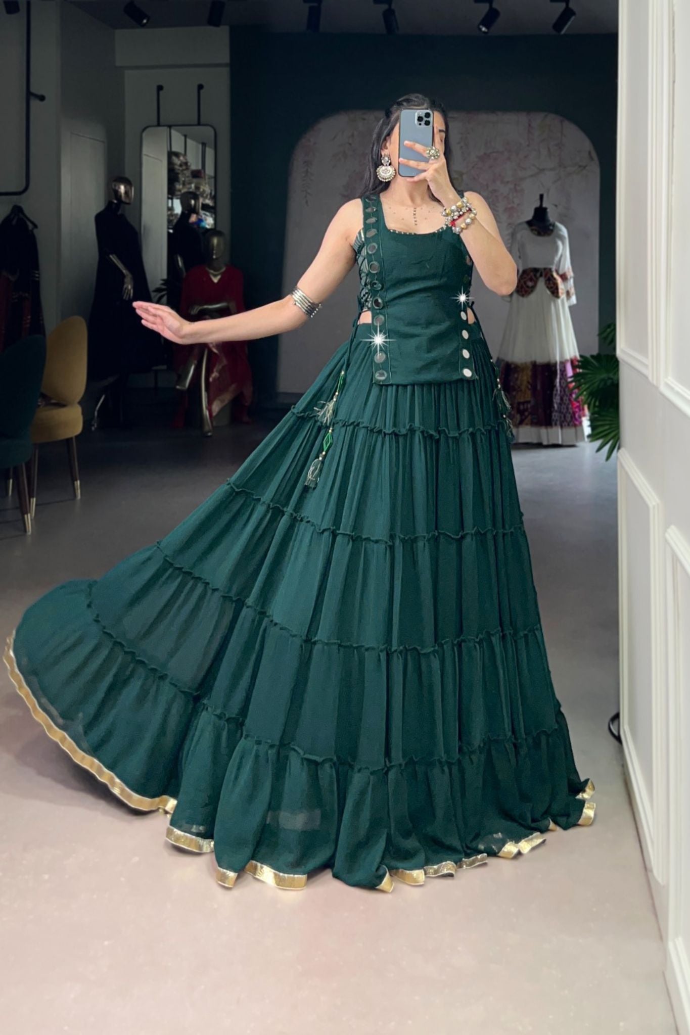 14 Meter Full Gher Navratri Showstopper Lehenga Choli With Mirror Koti