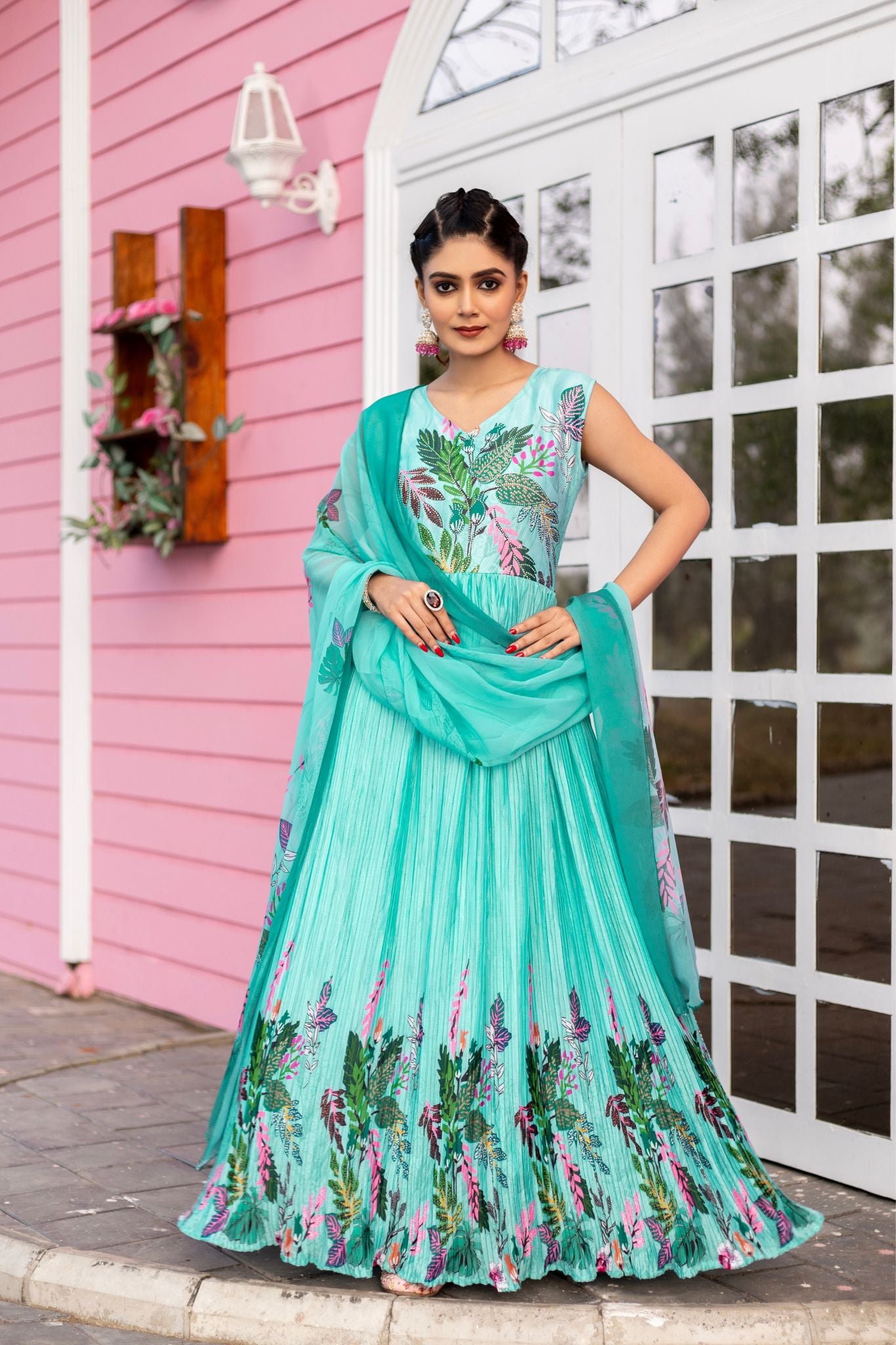 Stunning Printed Chinon Gown With Dupatta Set