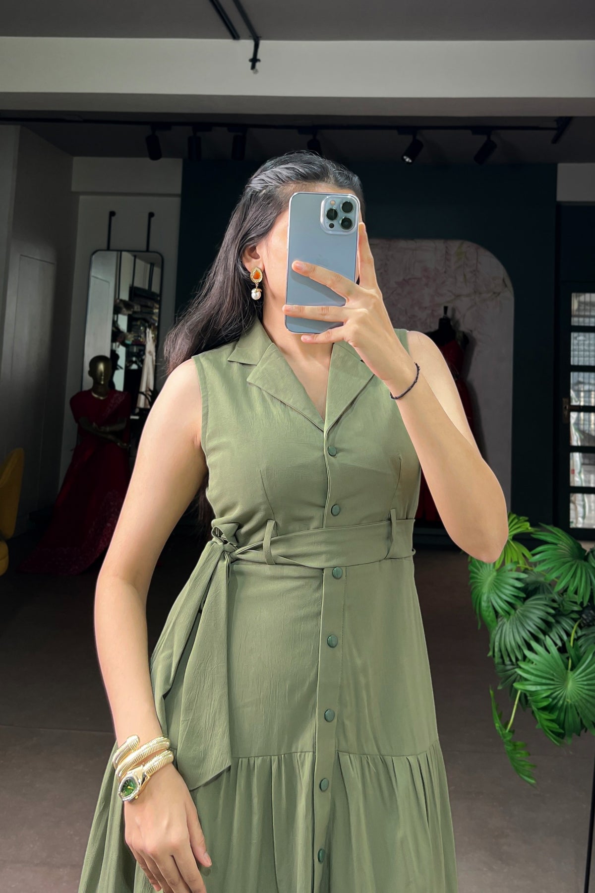 Olive Green Hemmer Silk Dress For Women