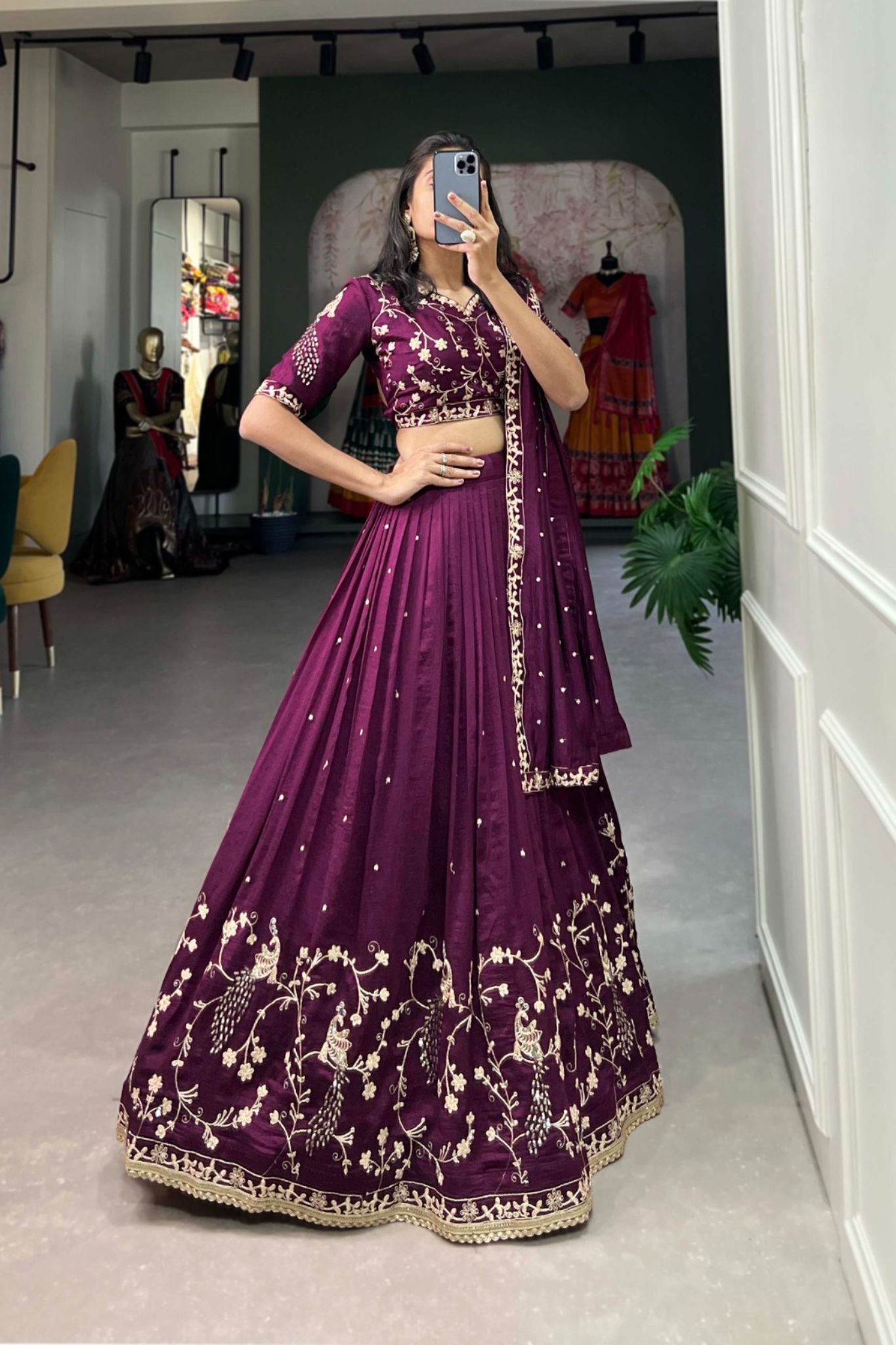 Wine Stunning Sequins Thread Embroidery Work Lehenga Choli