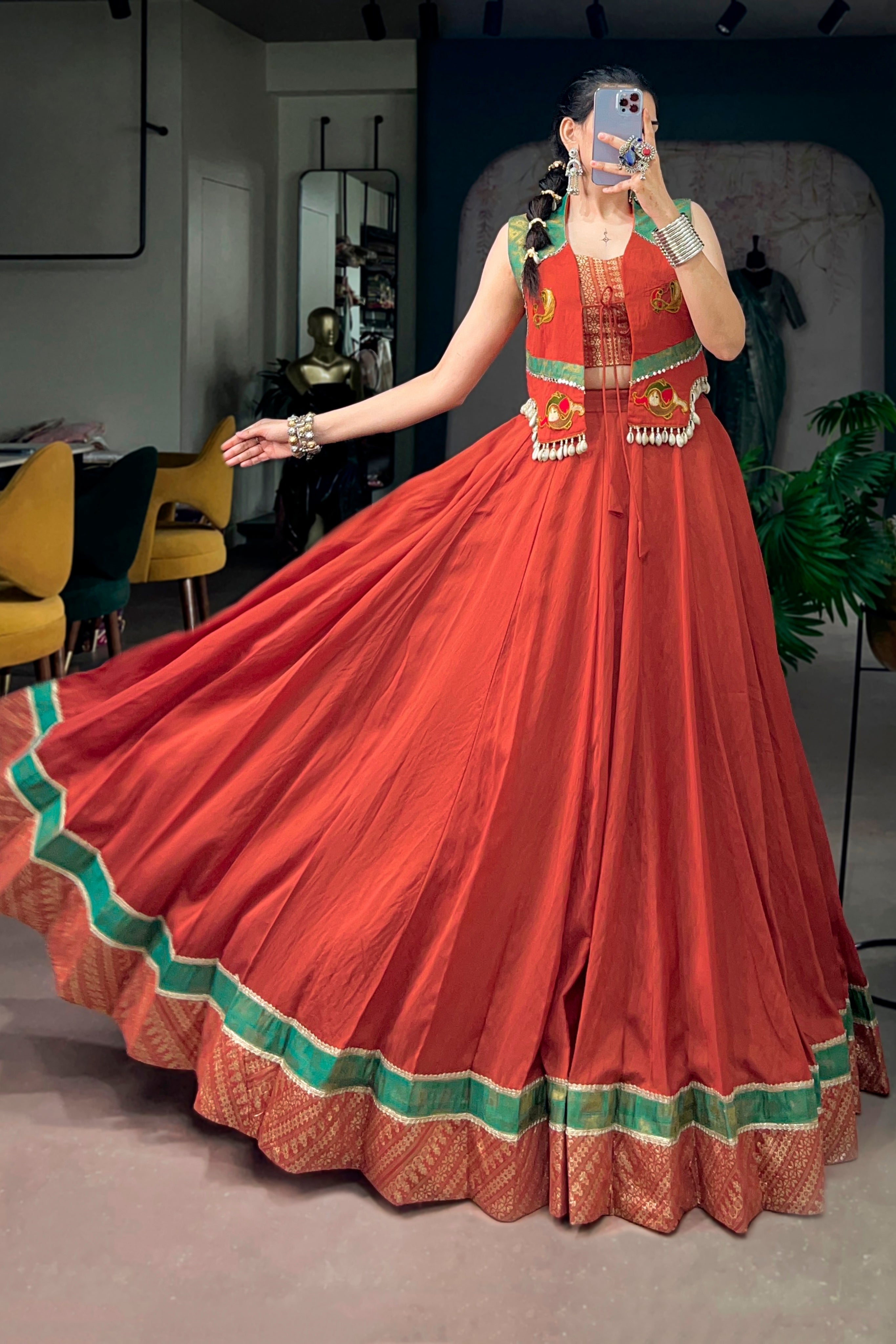 Raasrang Special Navratri Designer Pure Chanderi Rust Lehenga Choli