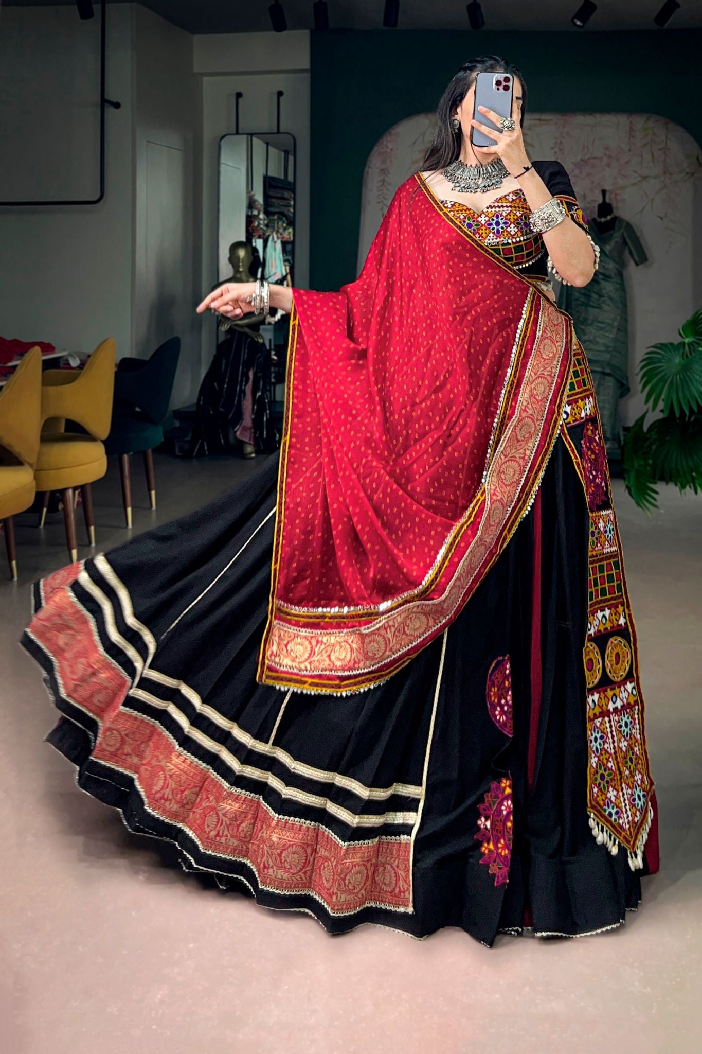 Raasrang Navratri Designer Black Lehenga Choli with Kutchi Embroidery & Bandhani Dupatta