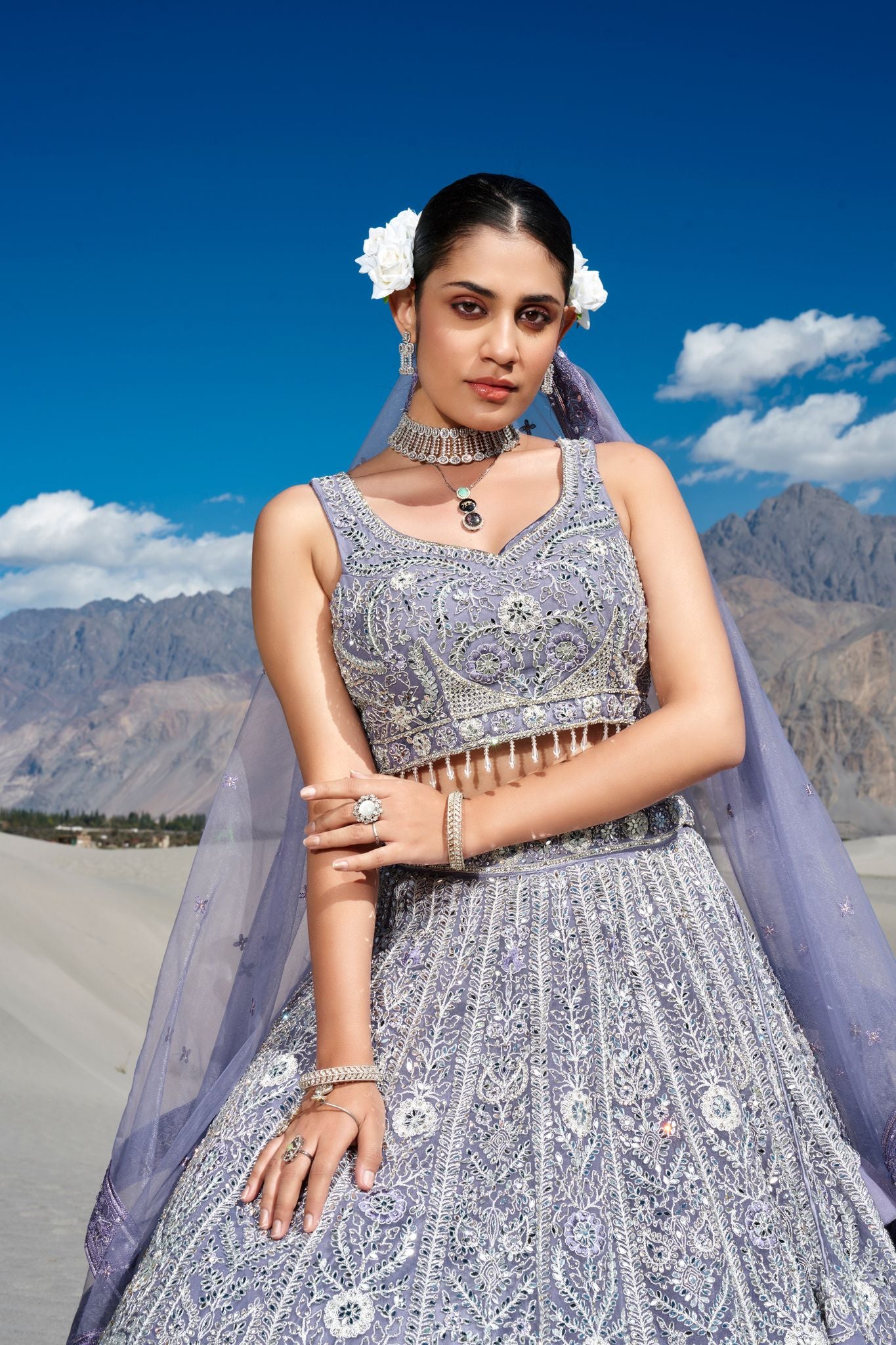 Light Blue Heavy Embroidered With Stone And Real Mirror Work Wedding Lehenga Set