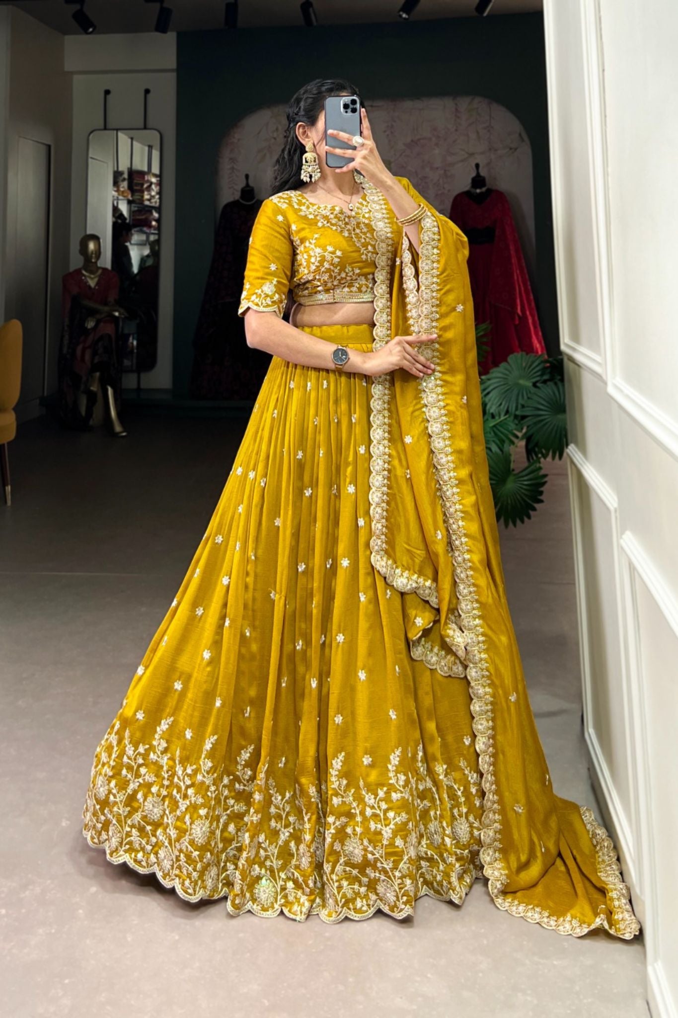 Mustard Yellow Sequins Tread Embroidered Lehenga Choli