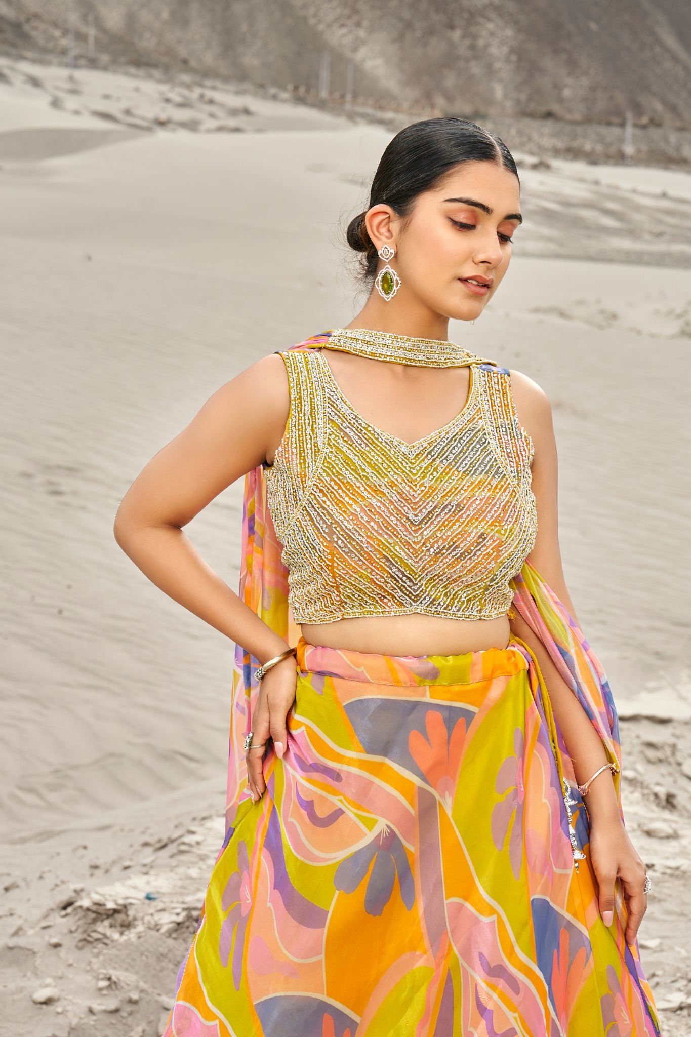 Yellow Digital Print With Khatli Work Lehenga Choli With Choker Style Dupatta