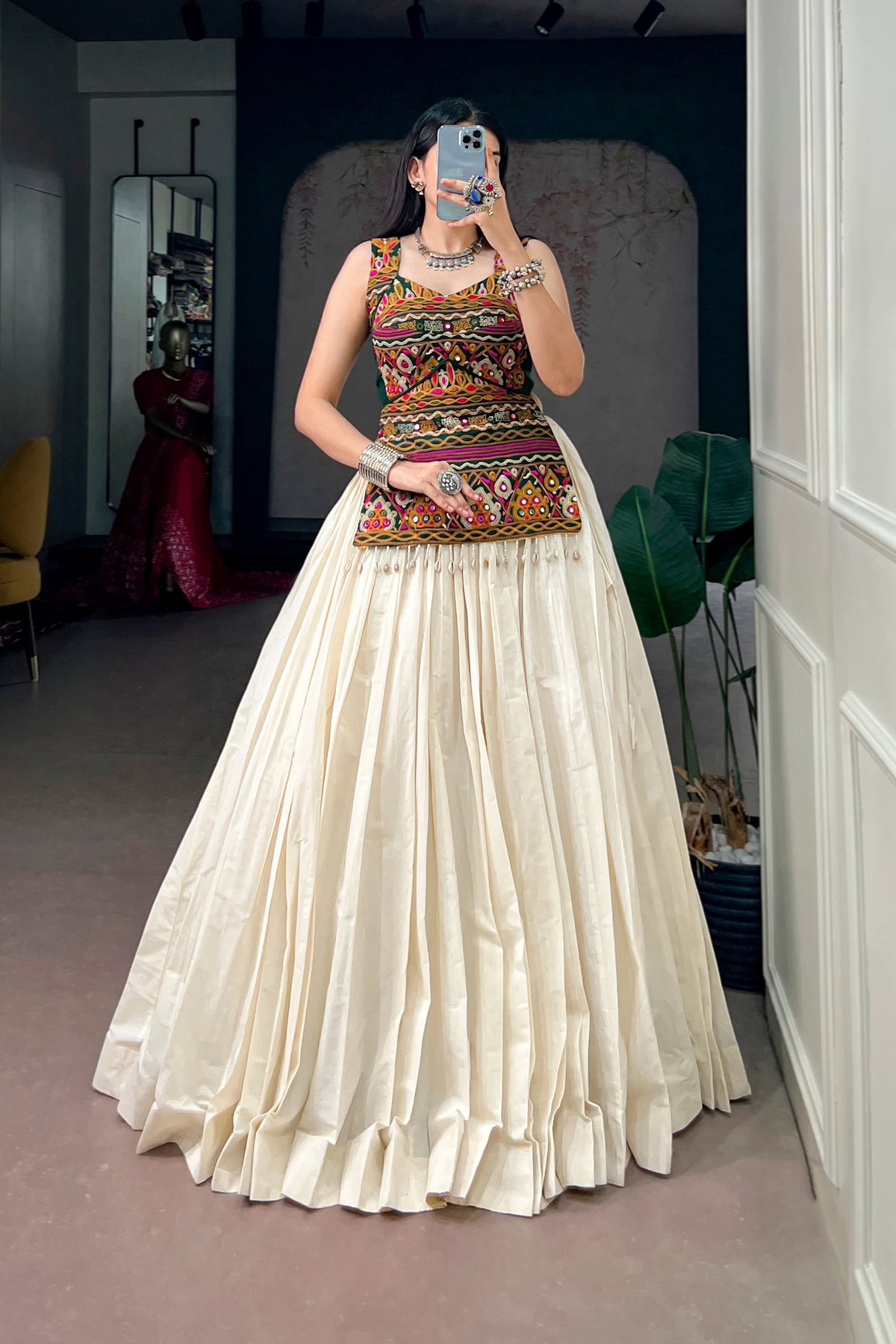 Navratri Kora Cotton Lehenga Choli With Kutchi Work Blouse