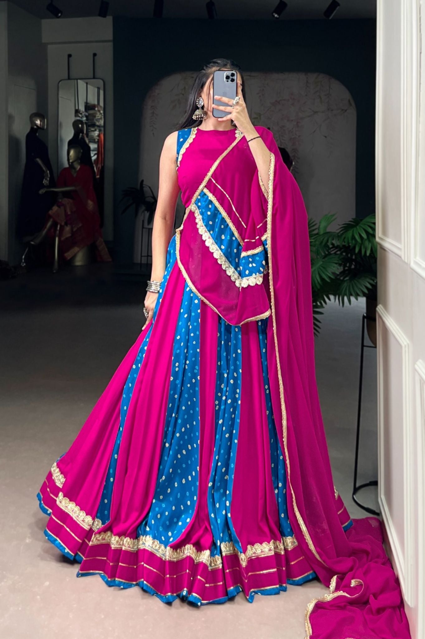 Pink And Blue Designer Bandhej Print Beautiful Lehenga Choli