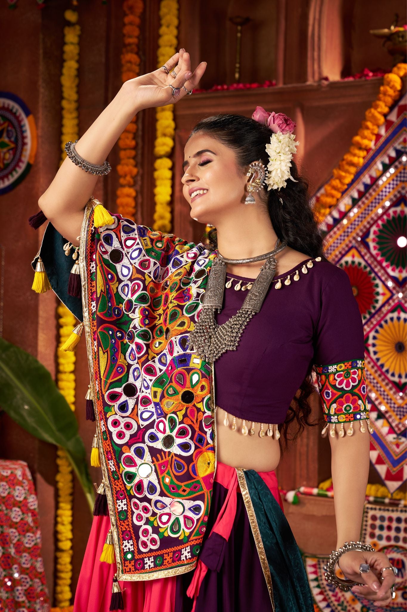 Multi Color Traditional Navratri Lehenga Choli With Mirror And Lampi Work