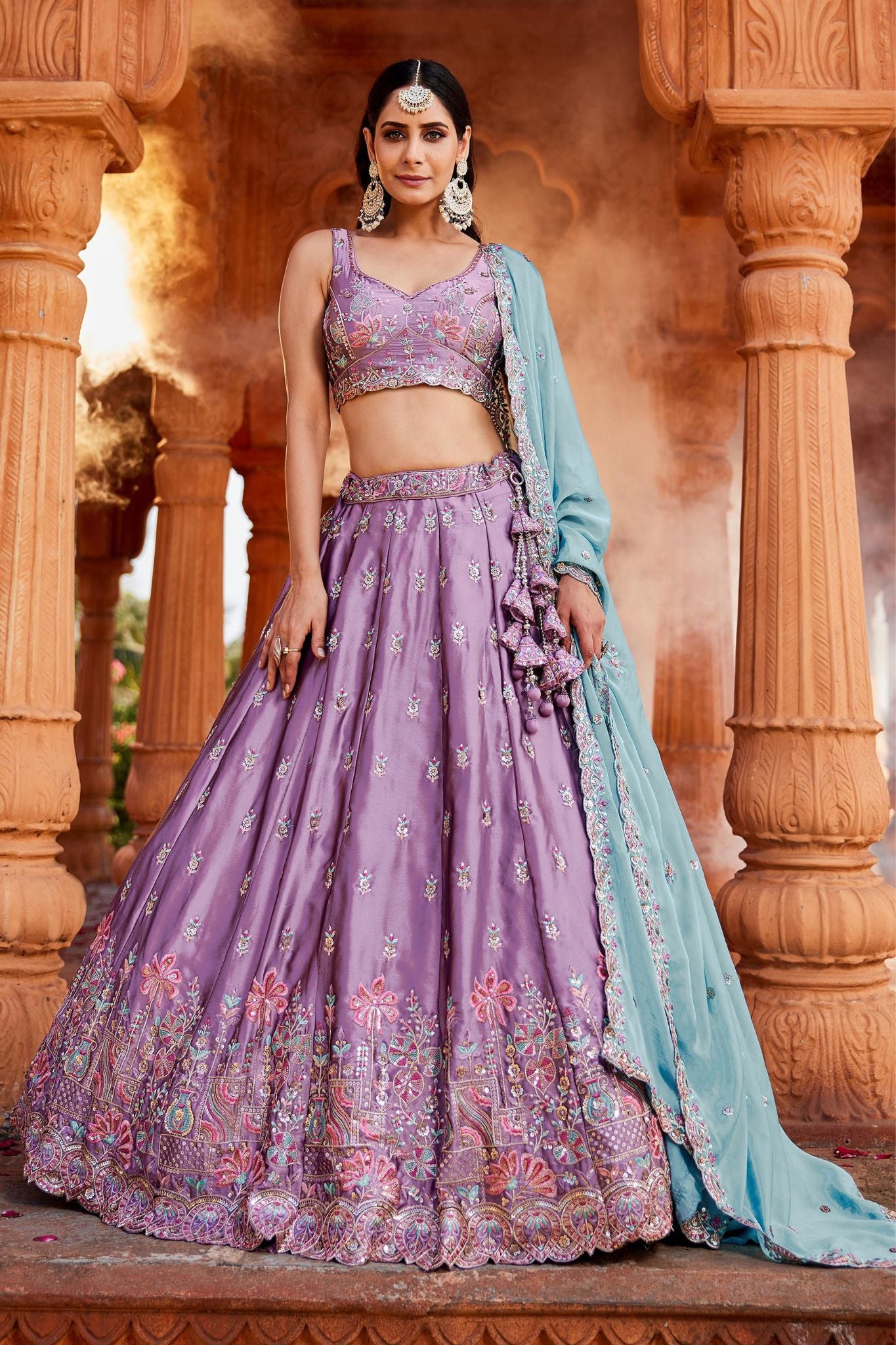 Lavender Rangoli Silk Designer Lehenga Choli With Aqua Blue Embroidered Dupatta