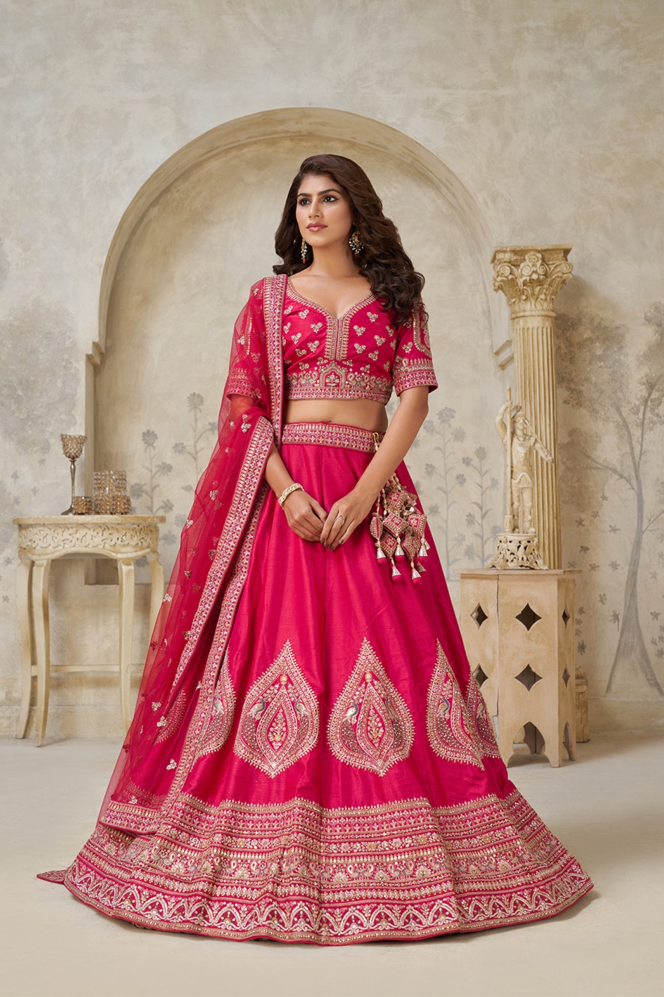 Crimson Elegance Minimalist Peacock And Leaf Motif Bridal Lehenga