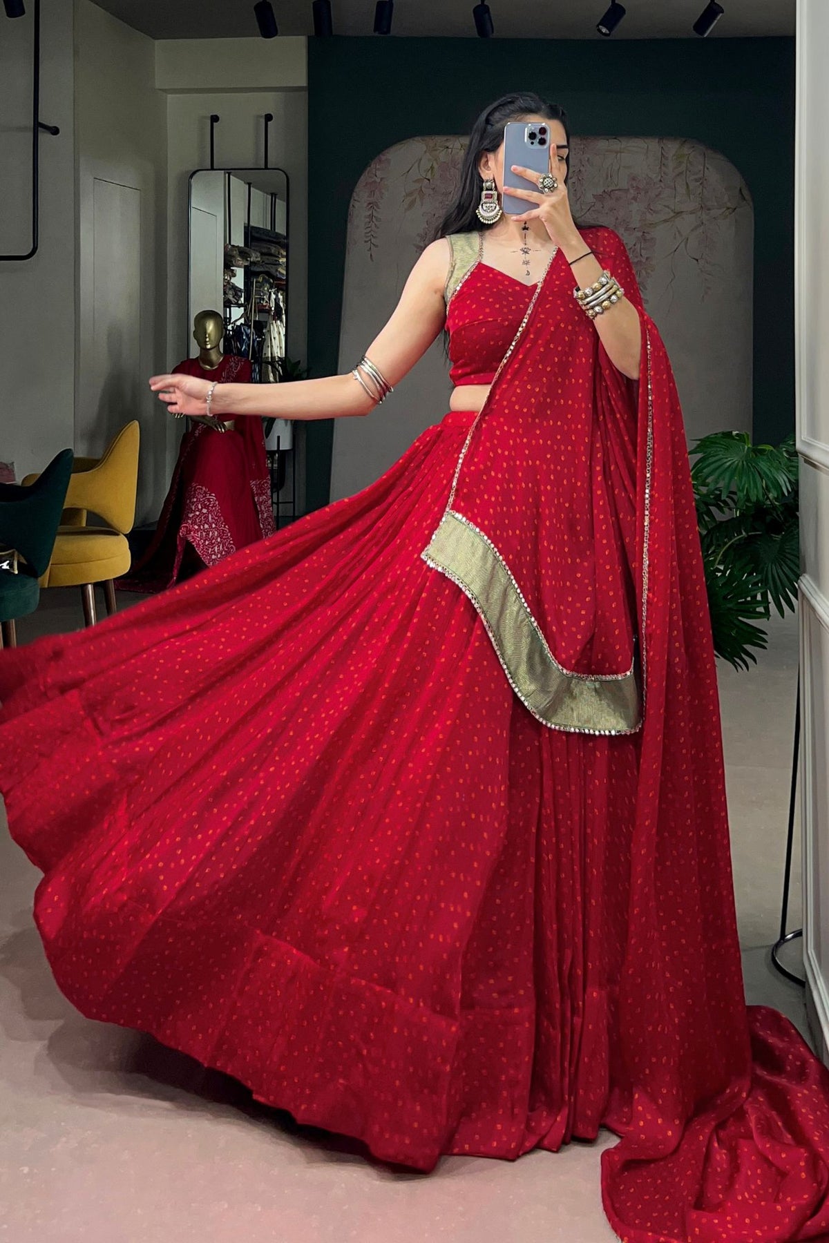 Red Traditional Bandhej Designer Navratri Lehenga Choli