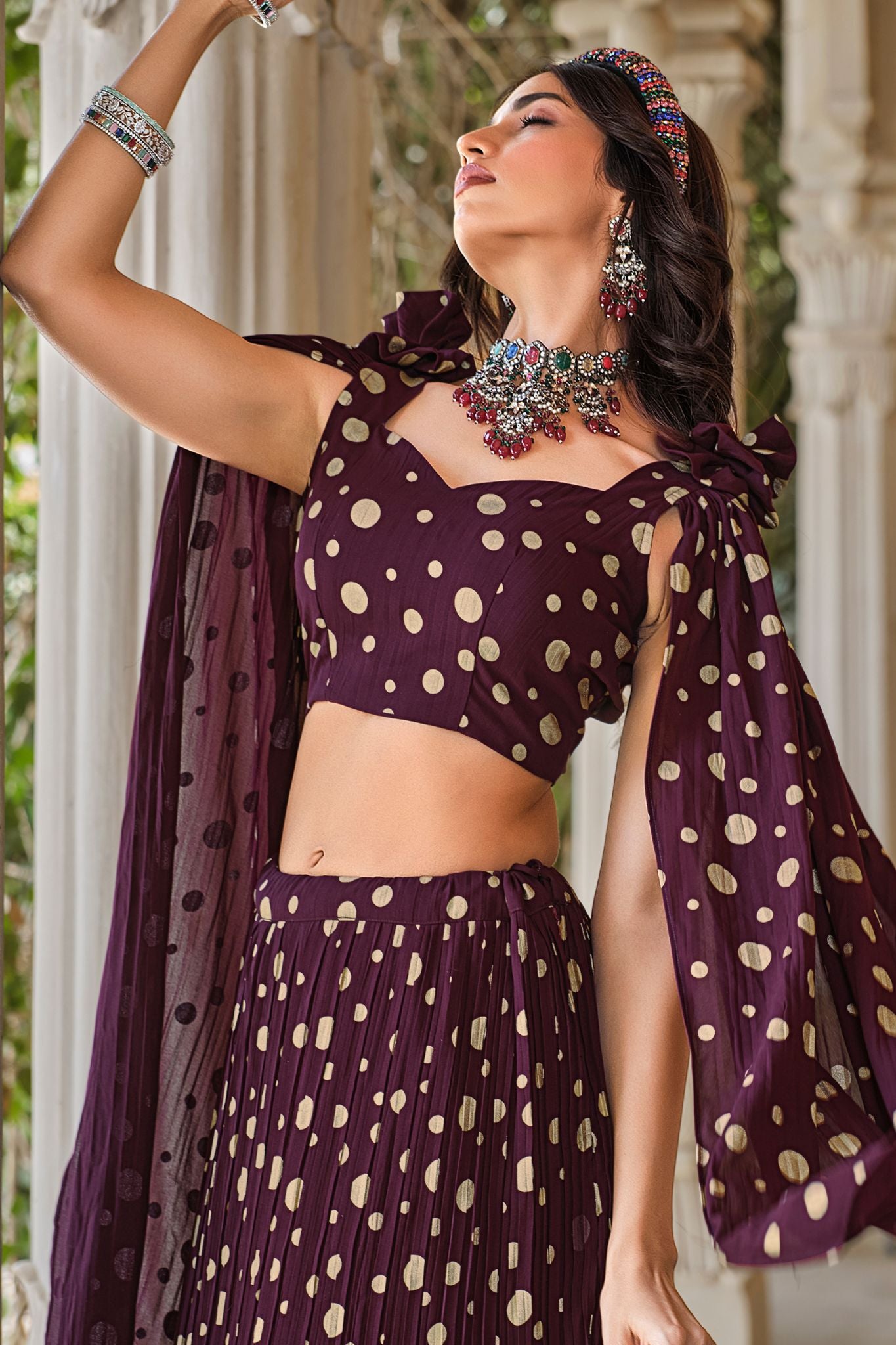 Purple Georgette Metallic Foil Work Party Wear Lehenga Choli