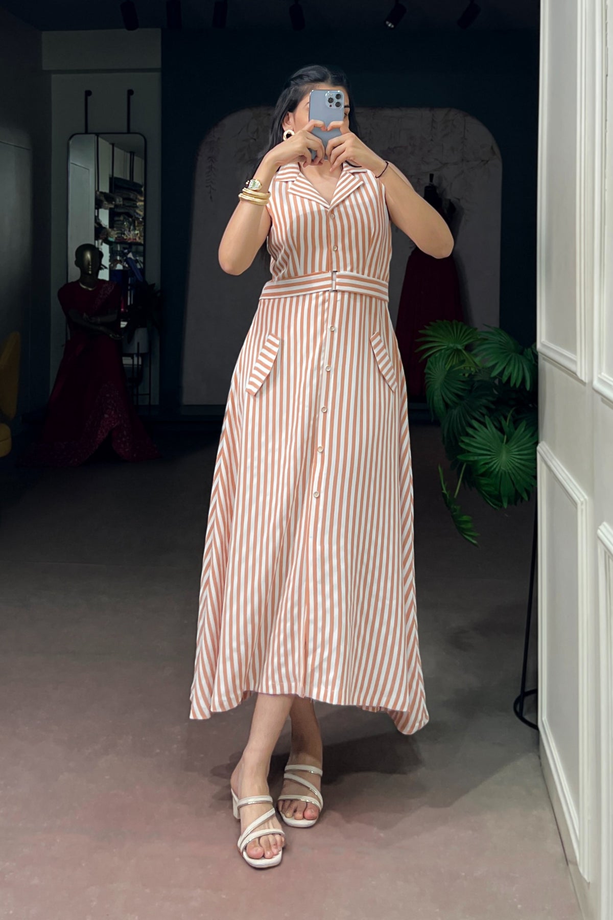 Peach Striped Pettal Silk Belted Dress