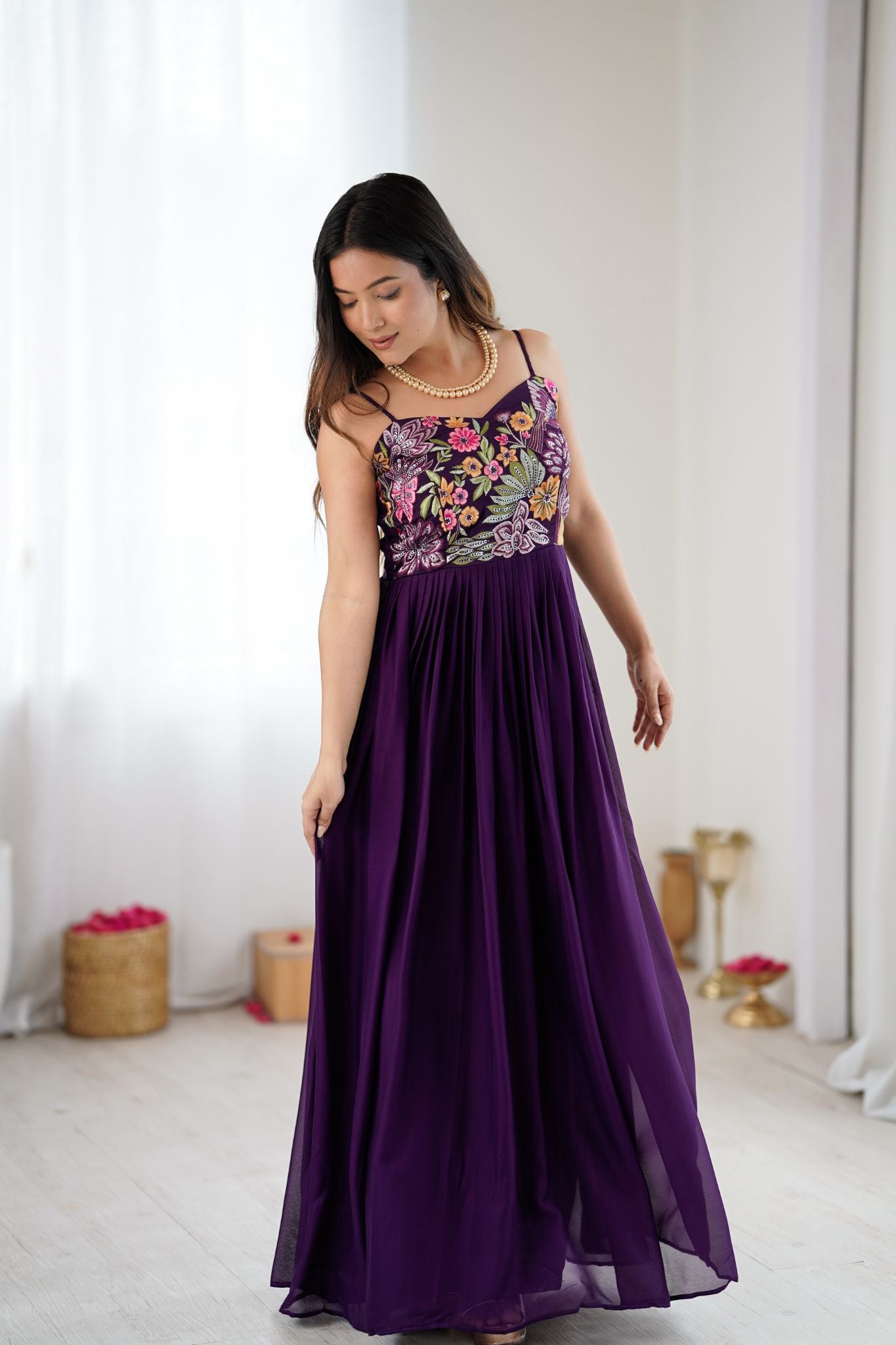 Purple Floral Embroidered Designer Pure Georgette Gown For Women