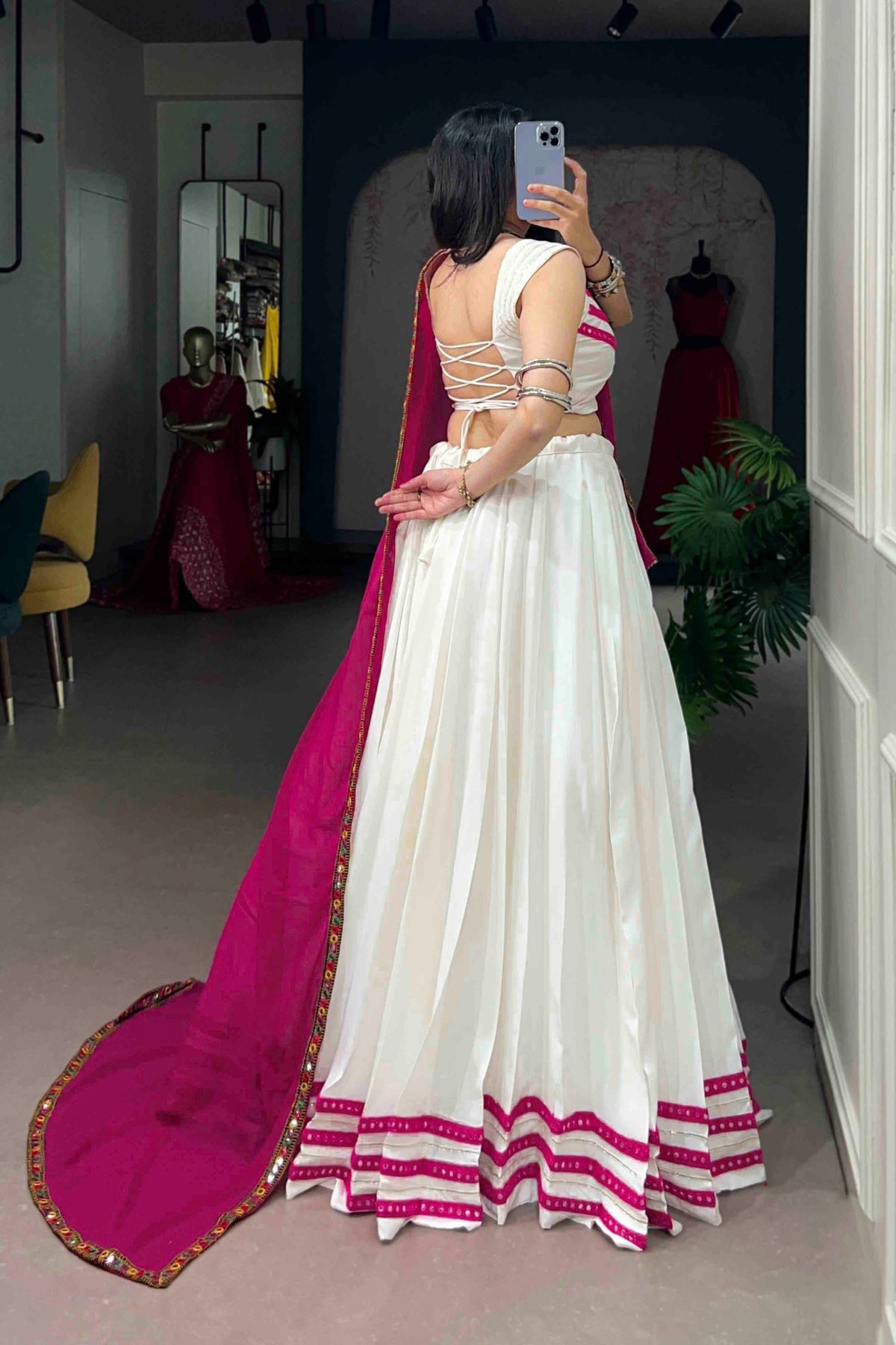 Rayon Navratri Designer White & Rani Pink Gamthi Lace Mirror Work Lehenga Choli With Dupatta