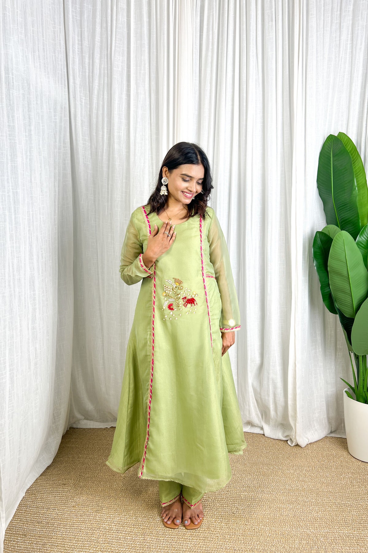 Pista Green Designer Kurta Set With Pichwai Cow Handwork
