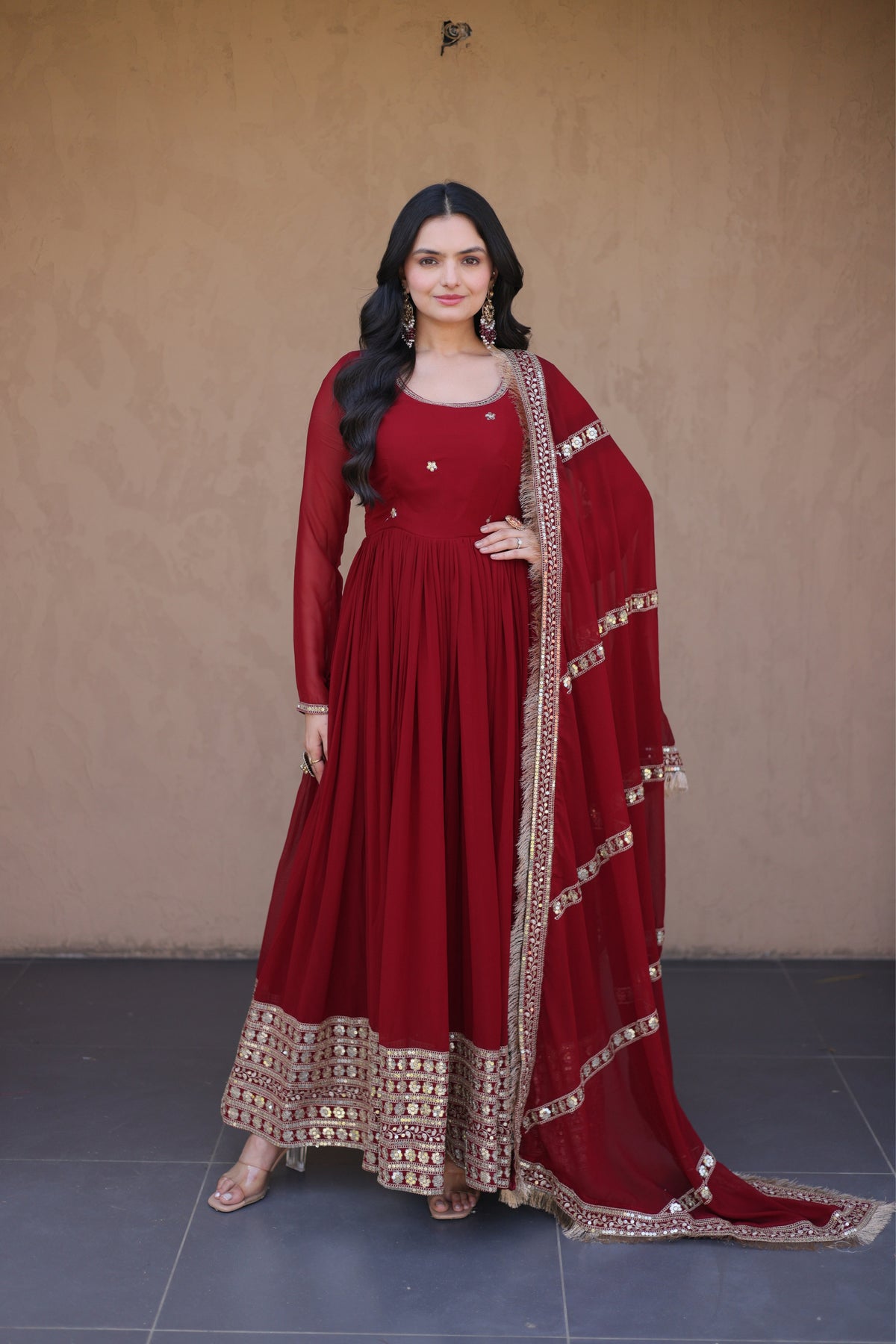 Designer Faux Blooming Anarkali Gown With Dupatta Set