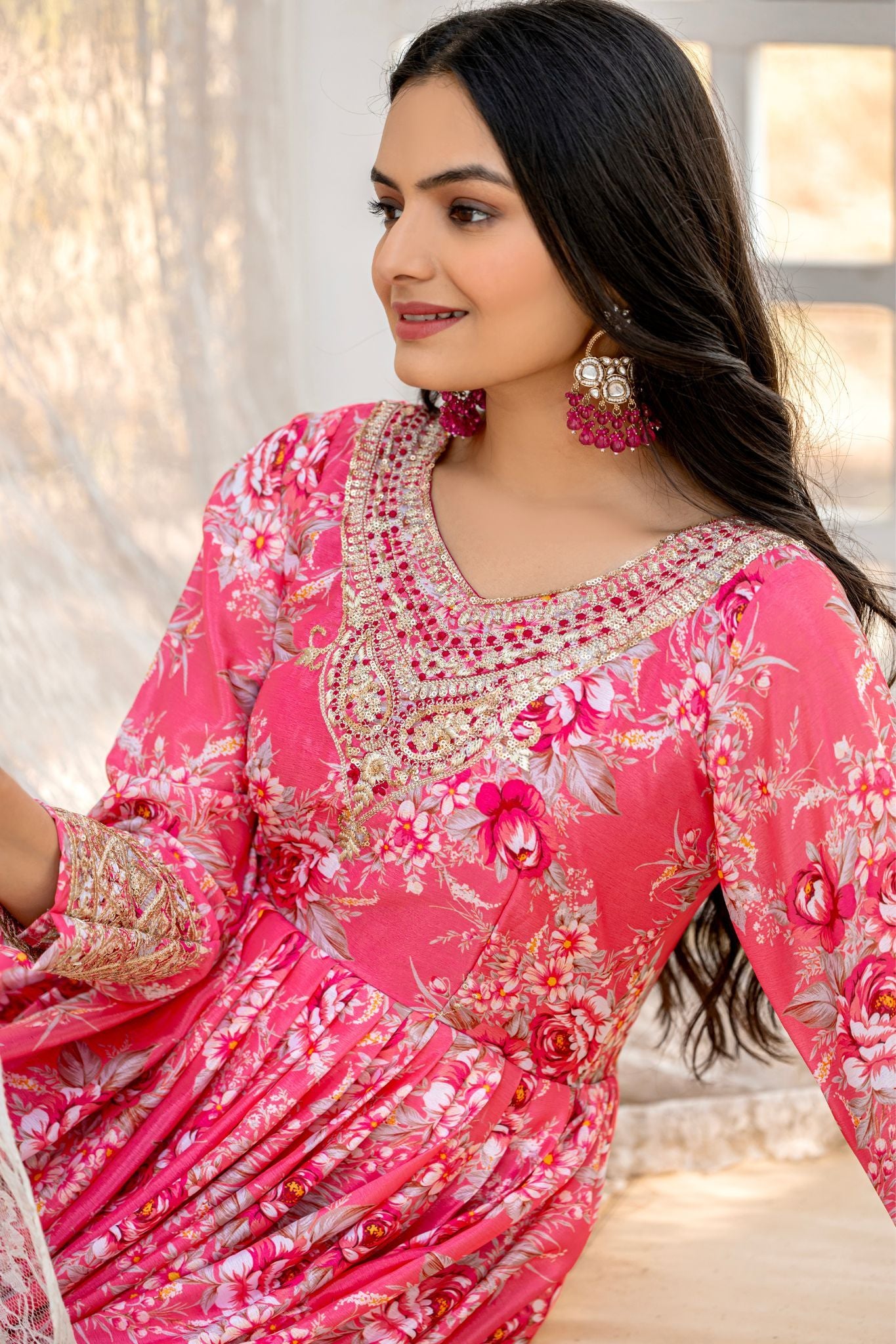 Stunning Pink Floral Embroidered With Printed Anarkali Dress