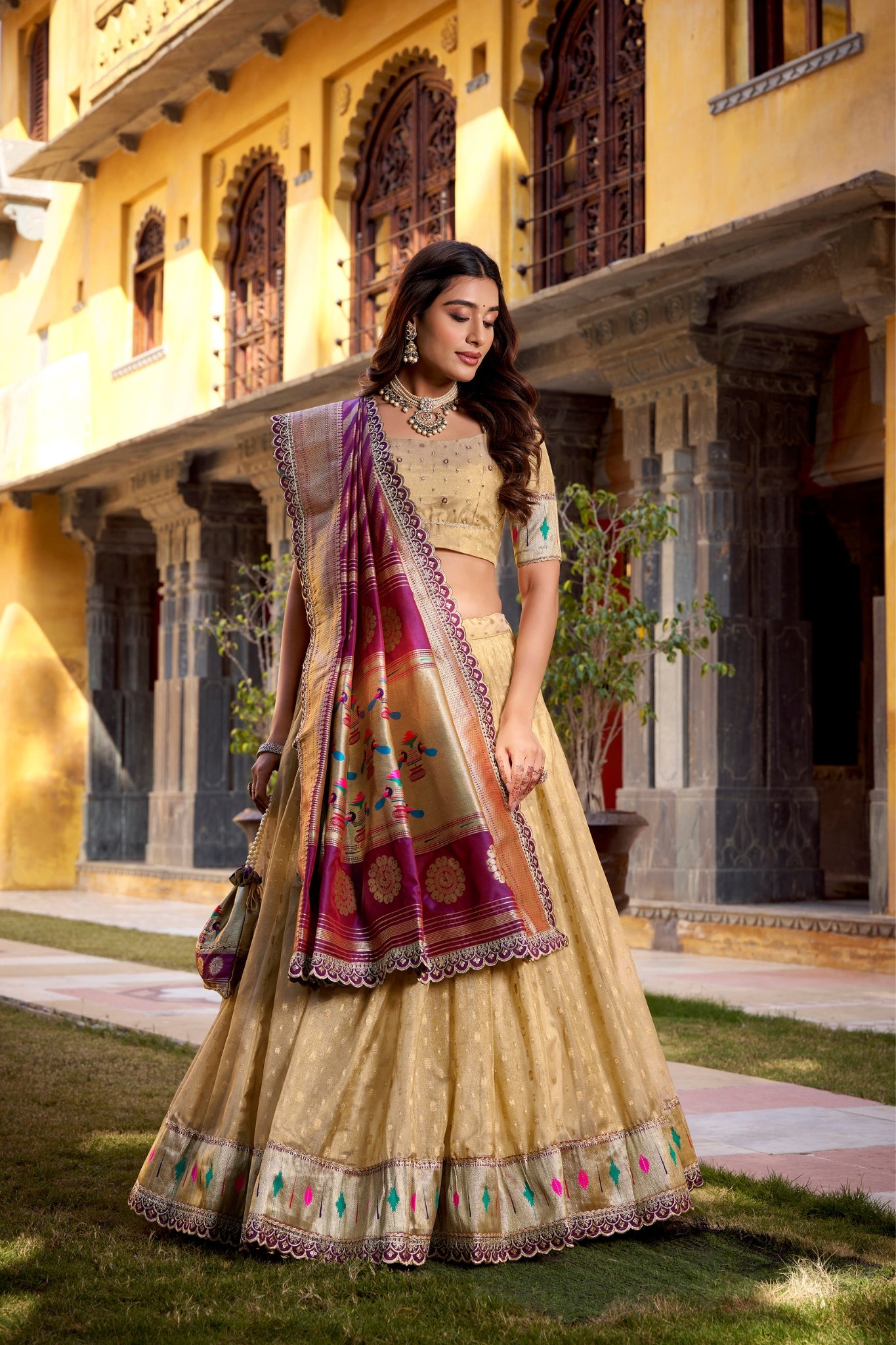 Designer Shimmer Organza Lehenga Set With Intricate Zari Weaving