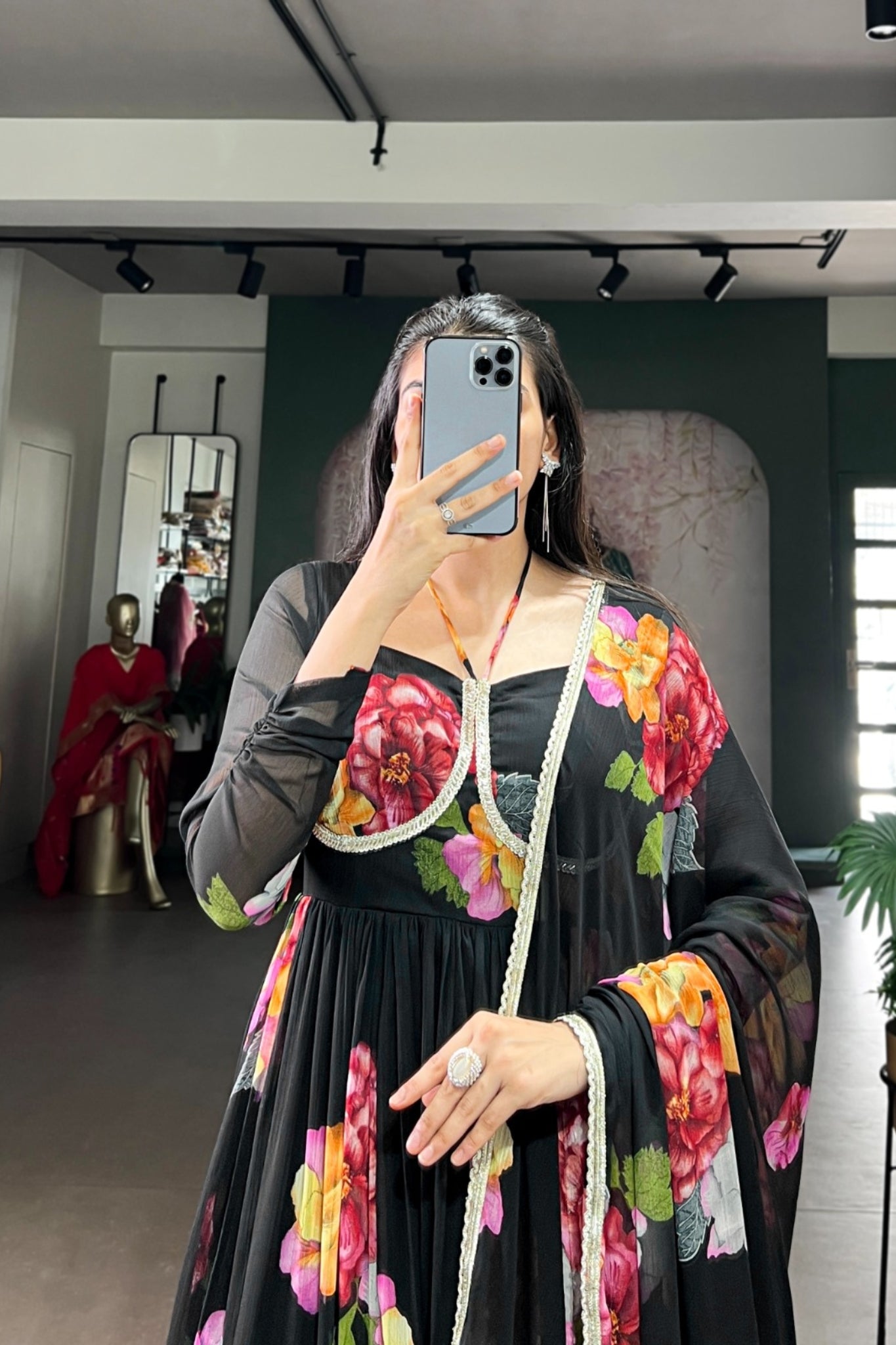 Premium Chiffon Floral Print Gown With Lace Detailing And Matching Dupatta