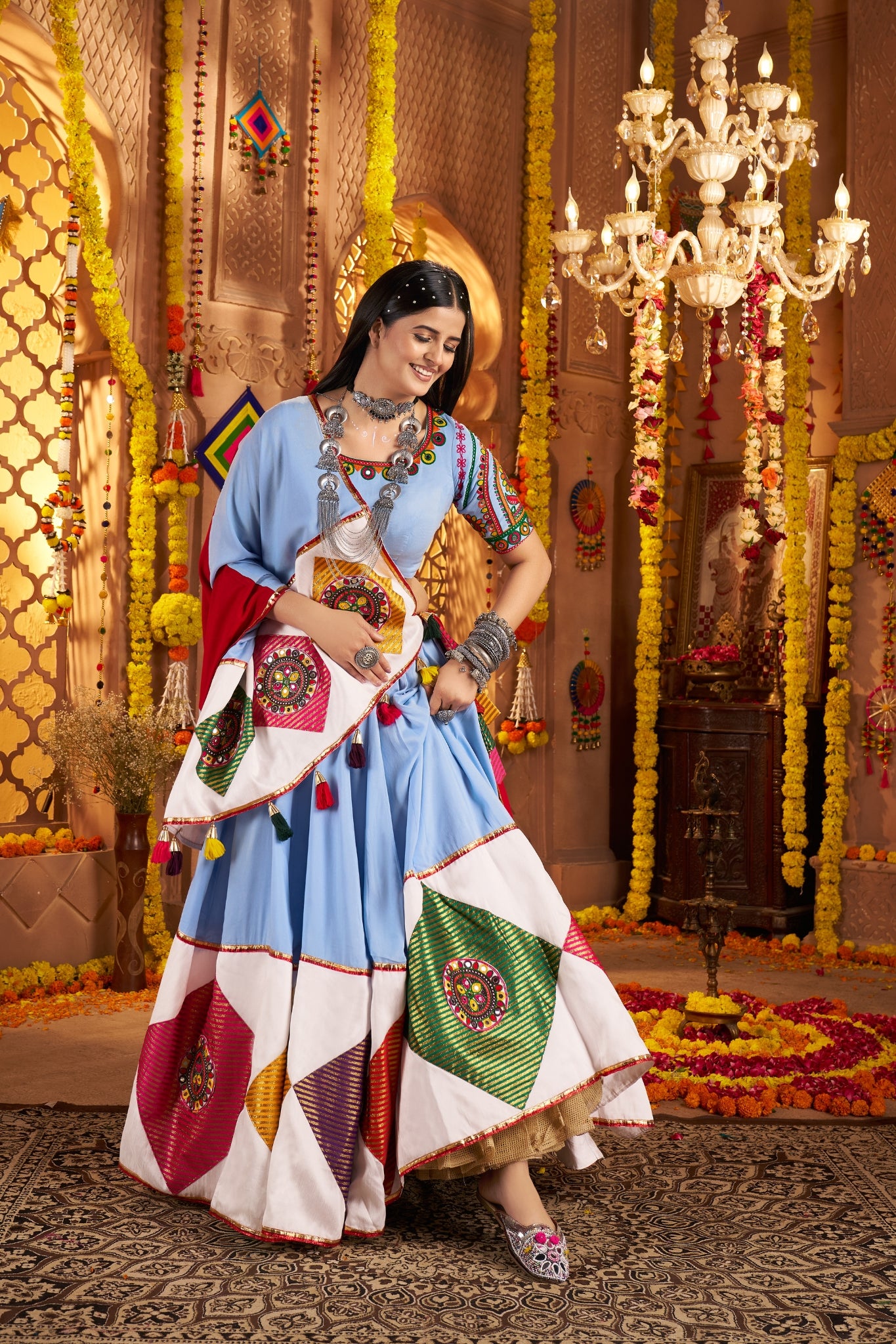 Light Blue Stunning Navratri Designer Viscose Cotton Lehenga Choli