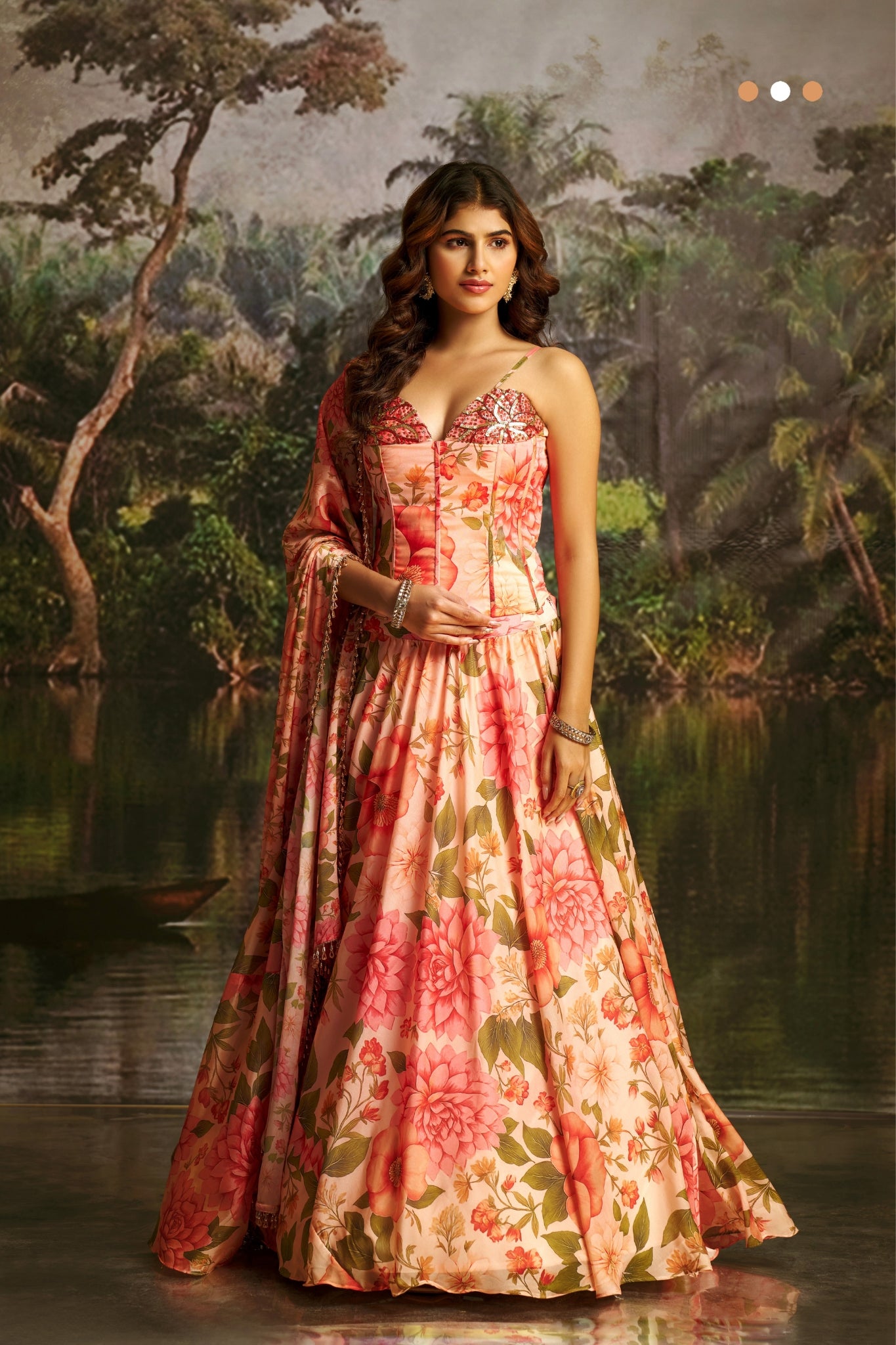Peach Handwork Designer Corset Lehenga Set With Floral Prints