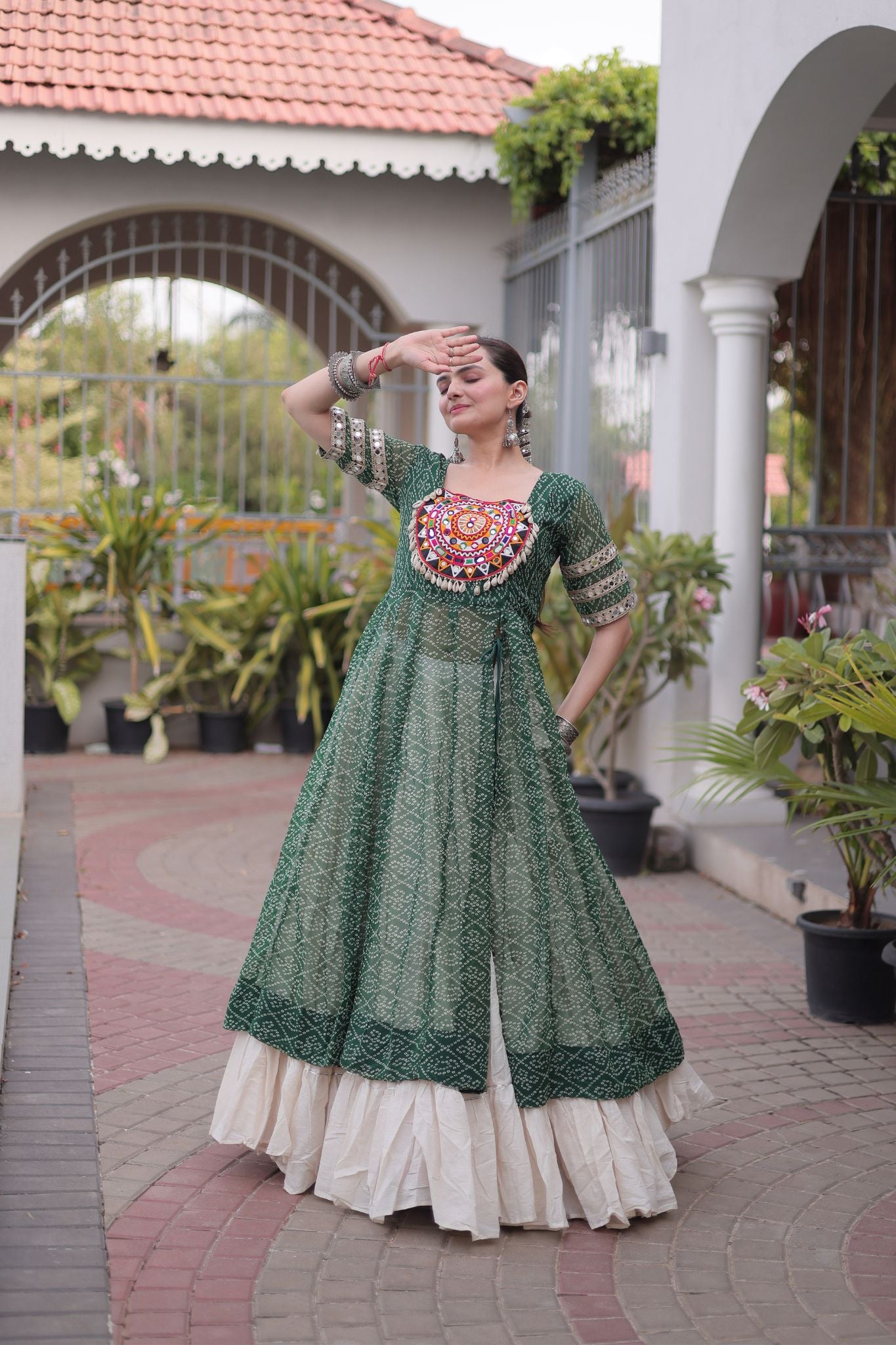 Raasrang Navratri Designer Kora Cotton Lehenga With Kutchi Patchwork Bandhani Print Kurti For Garba & Dandiya