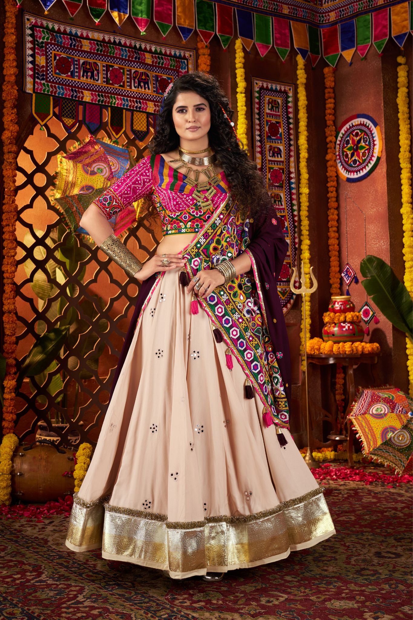 Navratri Special Kutchi Mirror Work Beige Lehenga Choli In Viscose Cotton