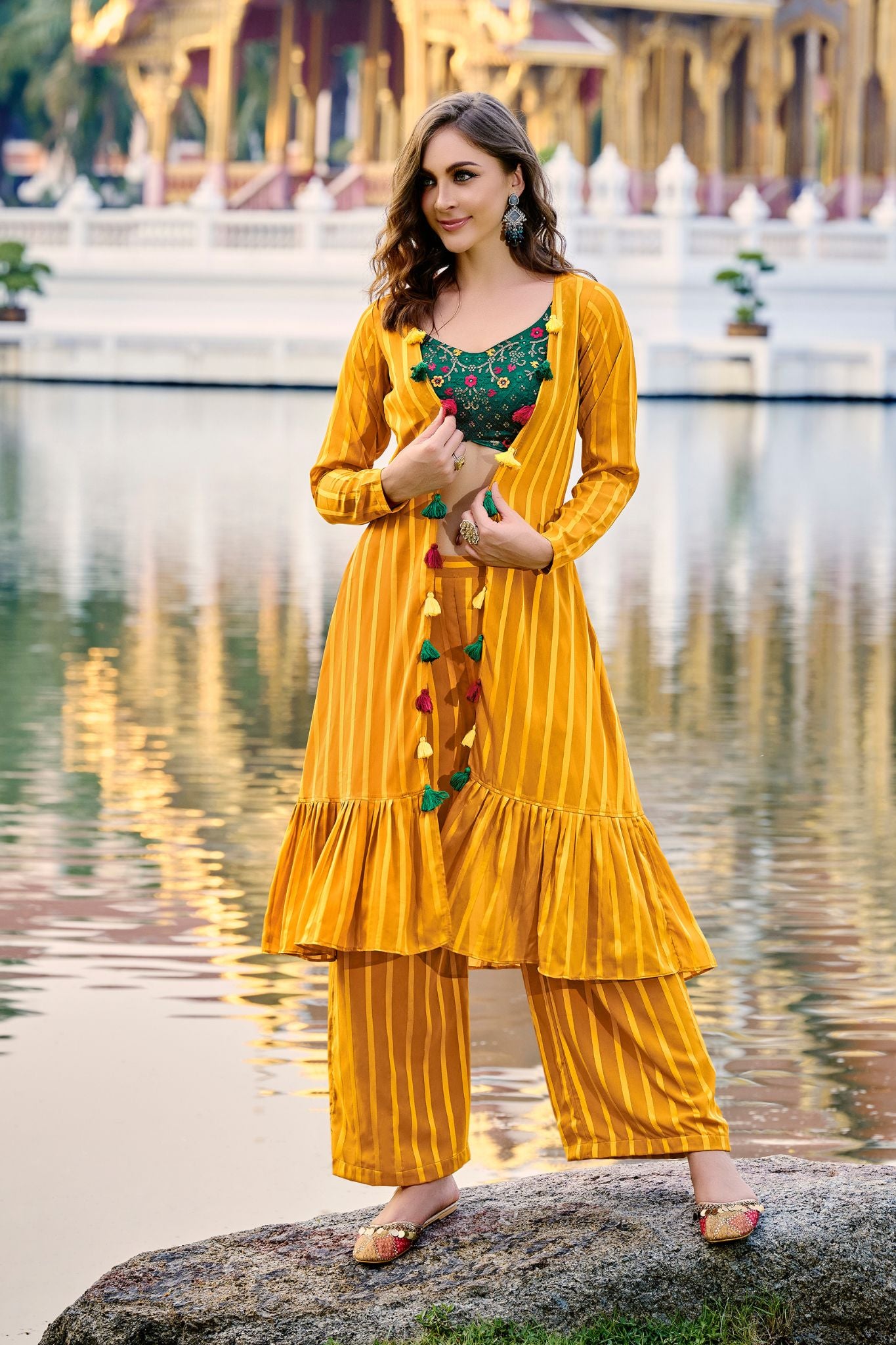 Yellow Stylish Embroidered Design Georgette Readymade Suit Set