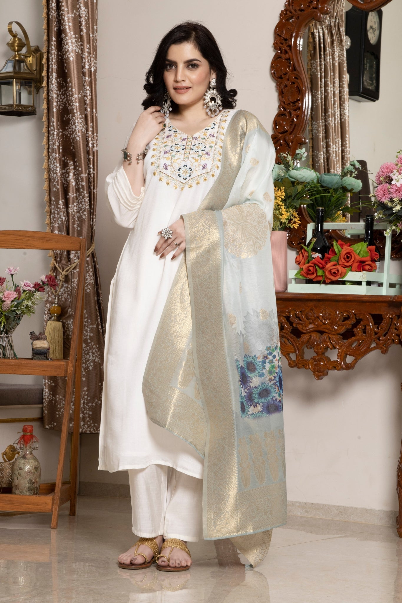 Elegant White Embroidered Viscose Kurta Set With Jacquard Printed Chanderi Dupatta