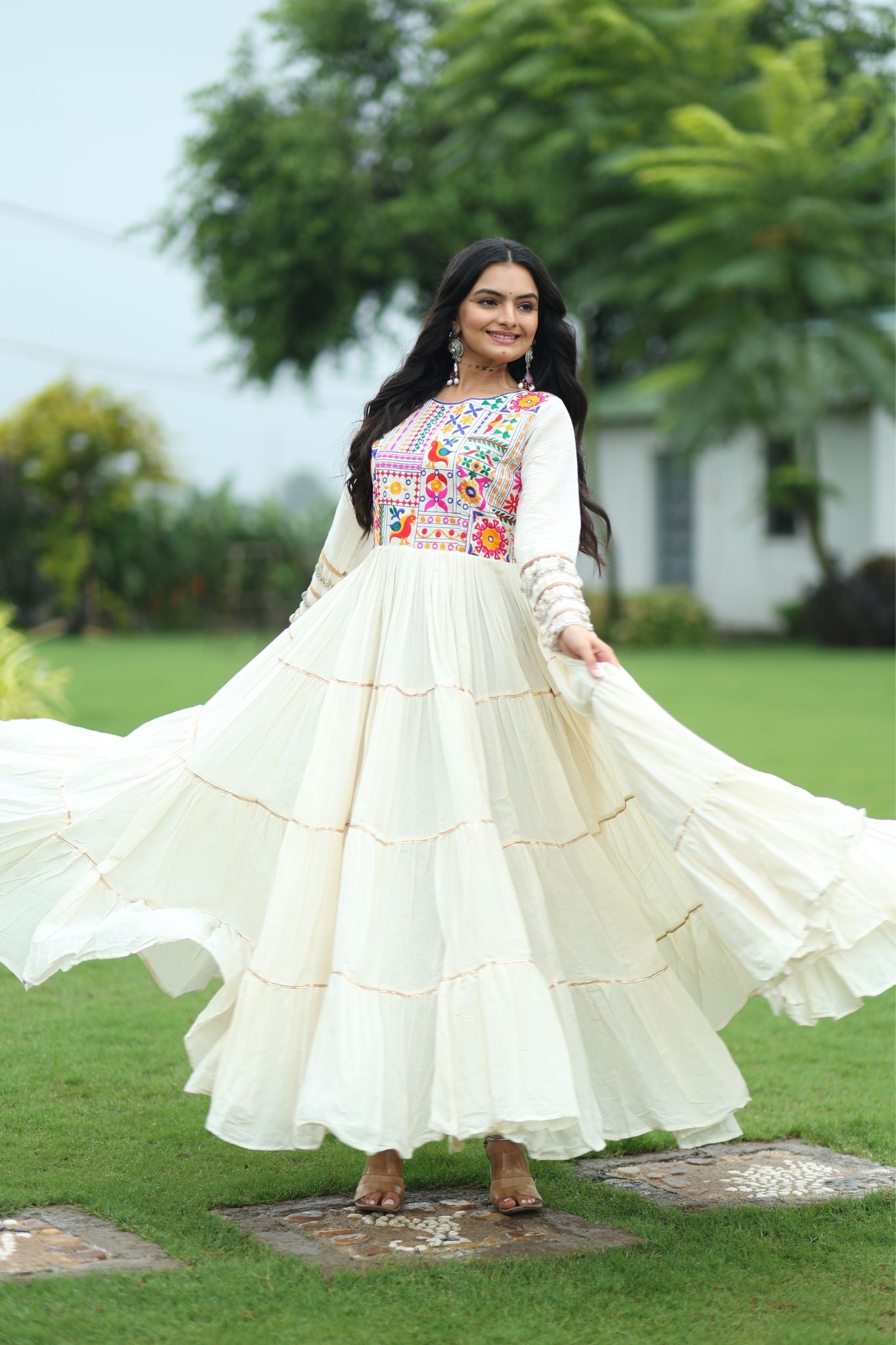Designer Multi Color Thread Embroidered Gotta Pati Work Gown