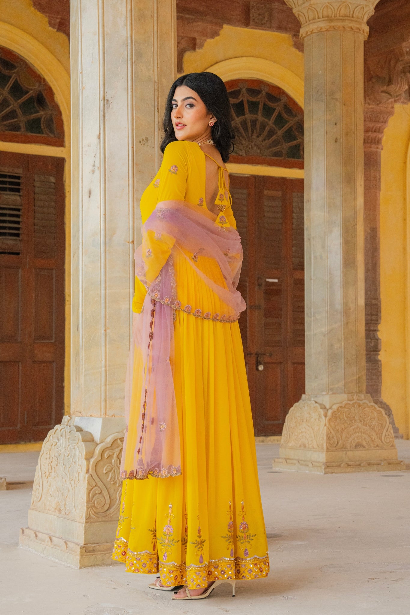Radiant Yellow Embroidered Georgette Anarkali Gown With Contrasting Dupatta