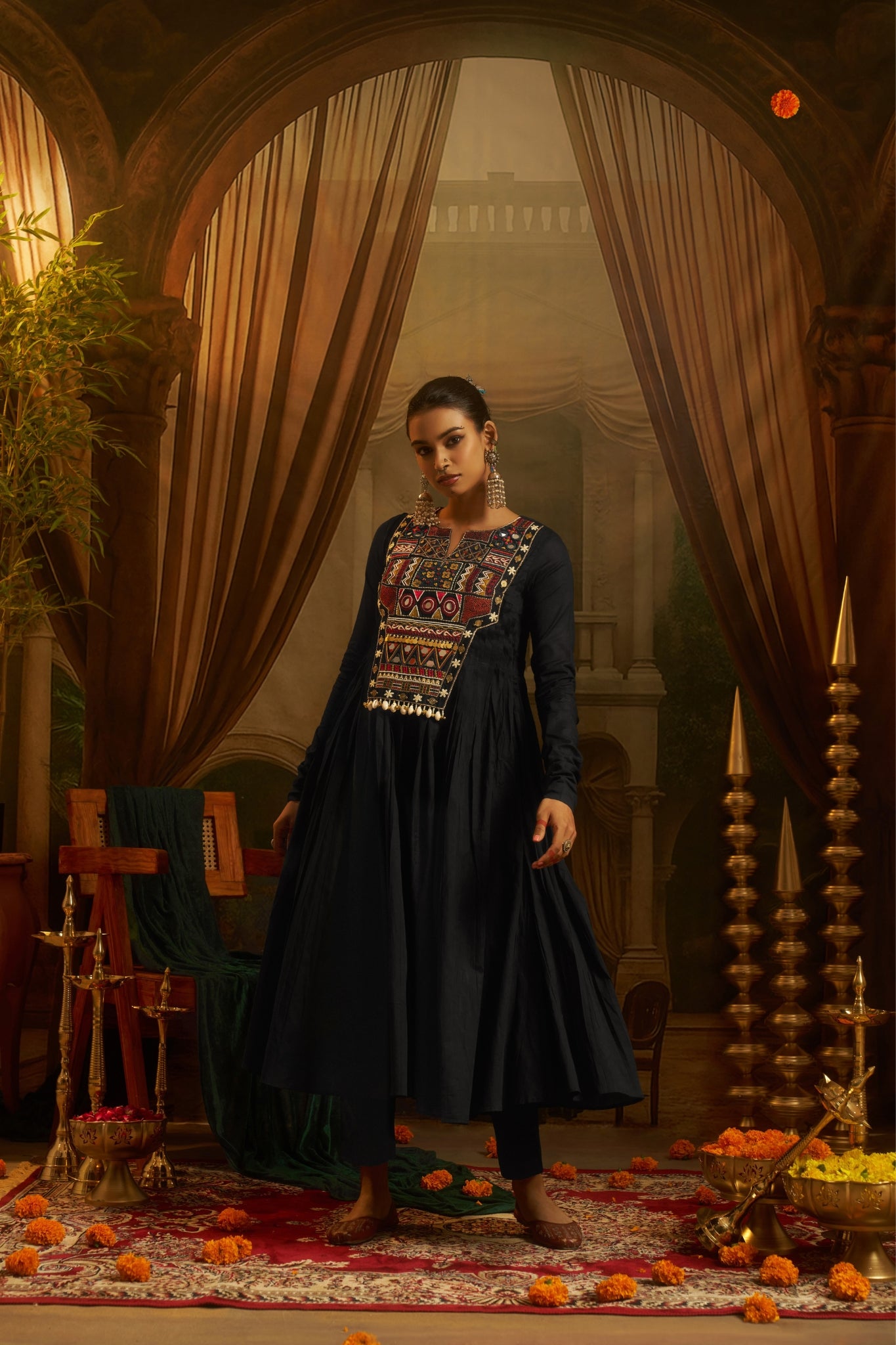 Black Anarkali Kurta Set with Hand Embroidery, Mirror Work Yoke & Cowrie Shell Detailing