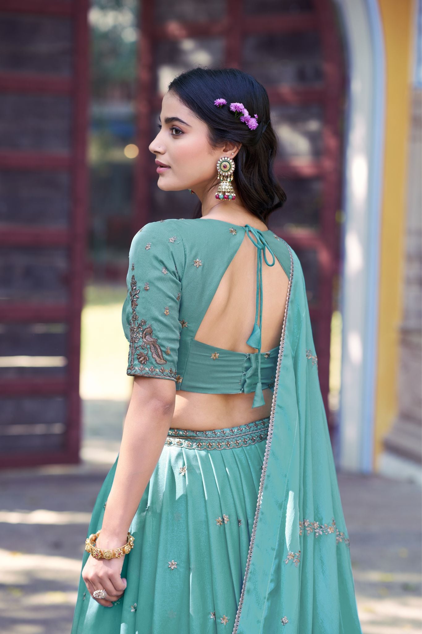 Premium Sky Blue Star Georgette Lehenga Choli Set For Women