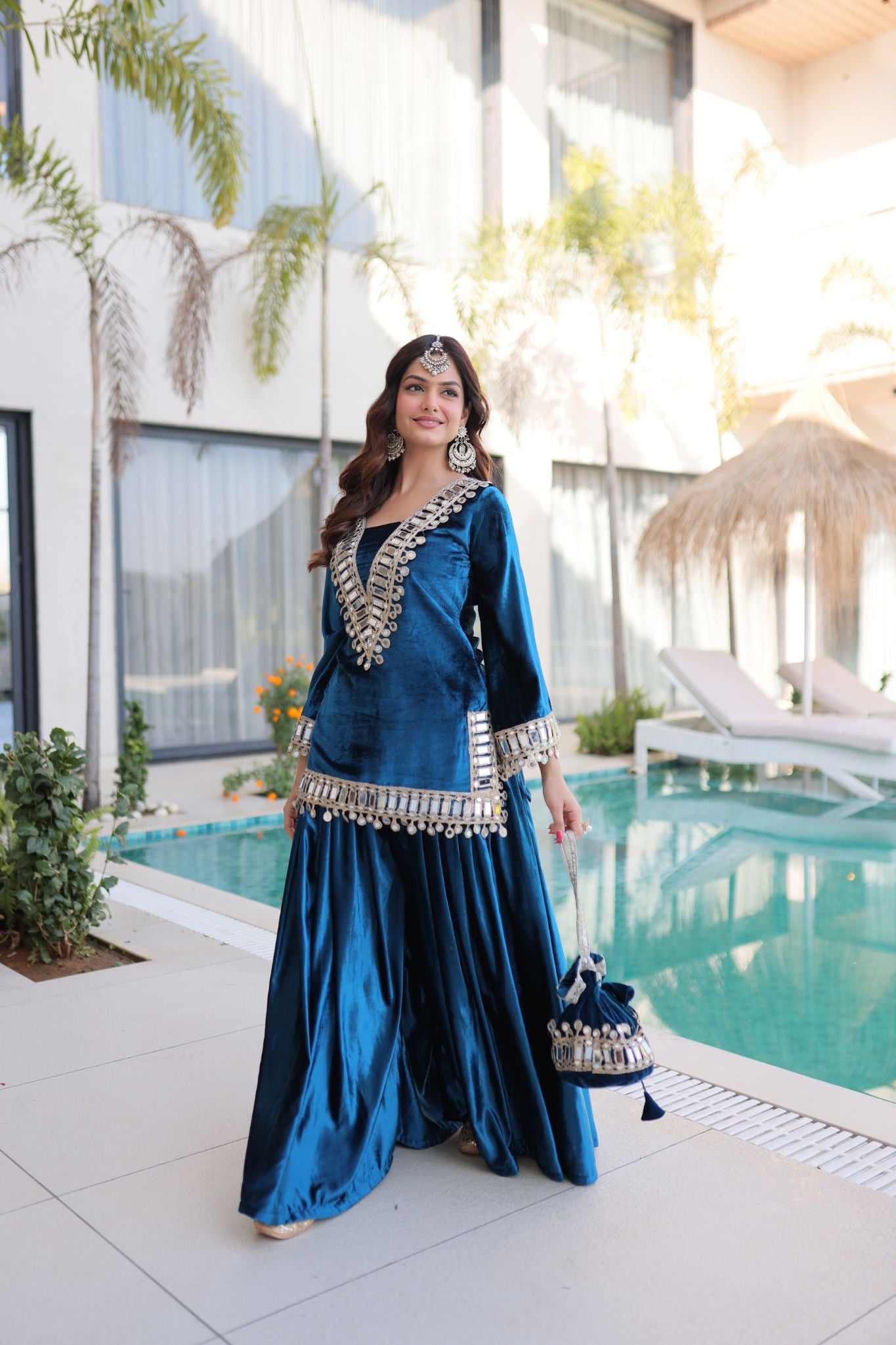Royal Ice Velvet Zari And Mirror Embroidered Luxury Co Ord Set With Batwa